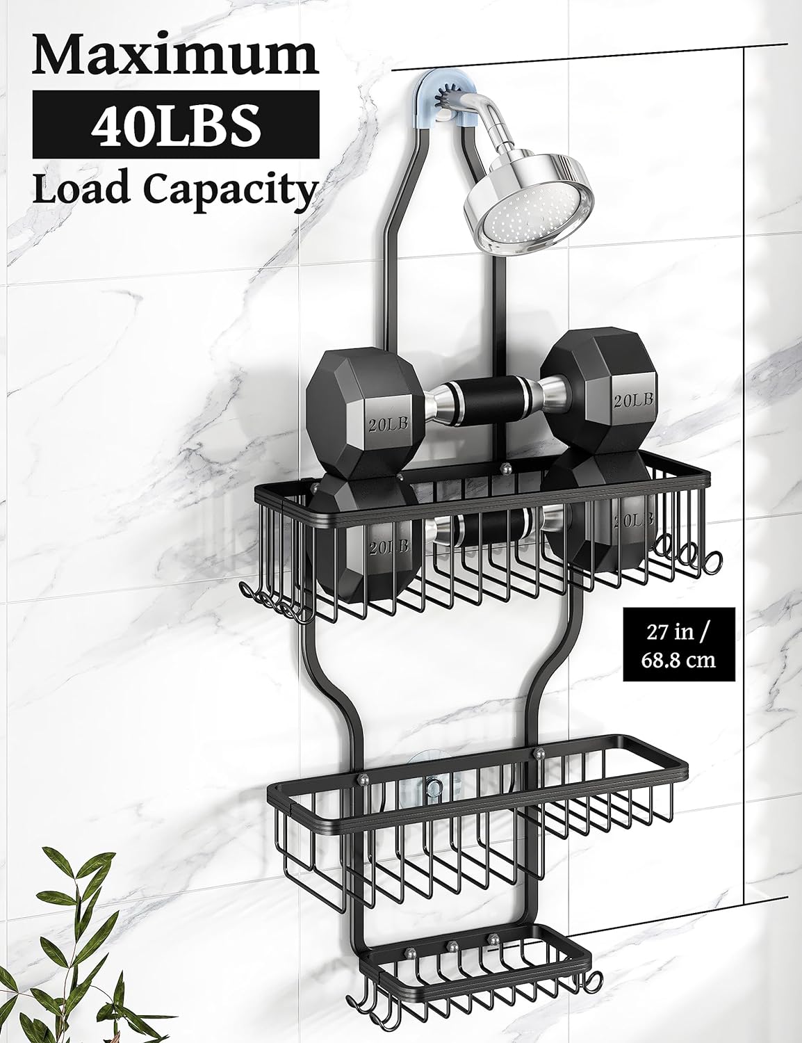 YASONIC Shower Caddy Over Shower Head Never Rust Aluminum Large Hanging Shower Caddy with 10 Hooks for Razor/Sponge - Over The Shower Head Caddy with Soap Basket - Hanging Shower Organizer Black