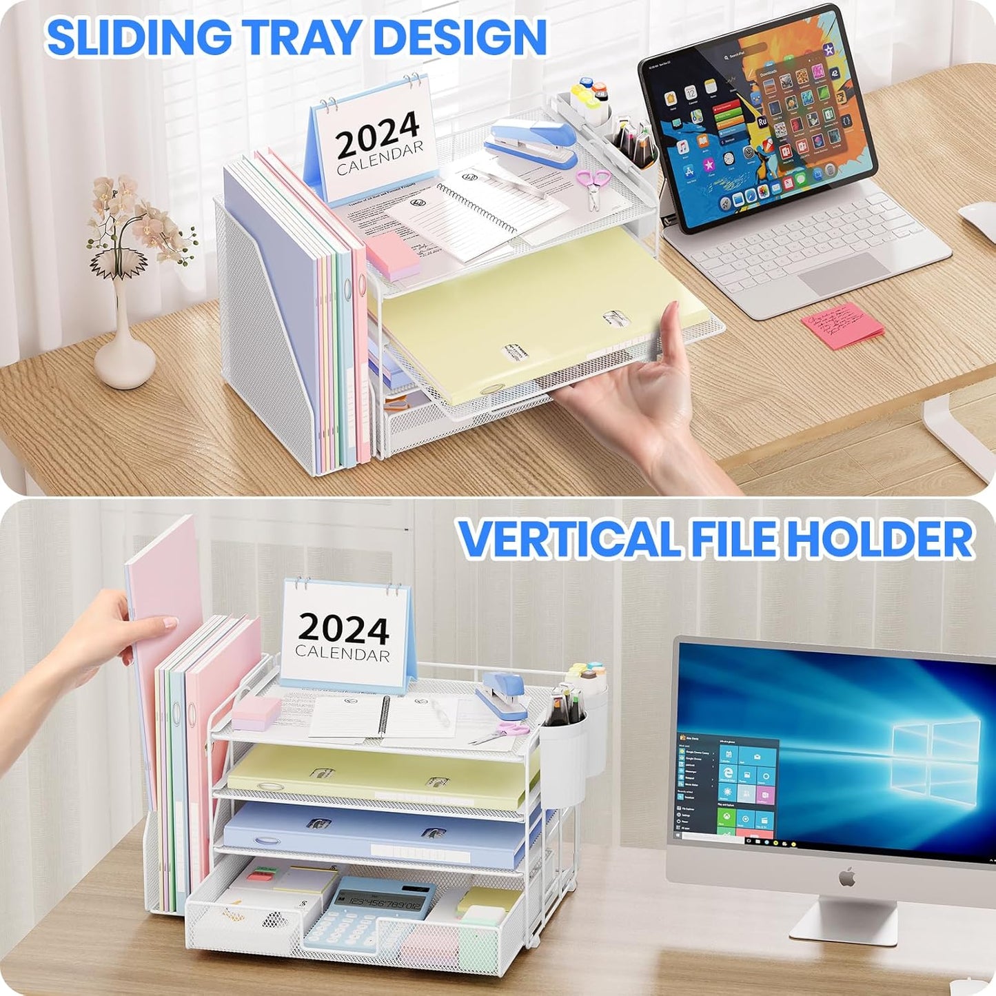 Desk Organizer and Accessories, 4-Tier Desktop File Organizer with Drawer and 2 Pen Holders, Office Desk Accessories, File Sorters, Workspace Organizers for Office Supplies(White)