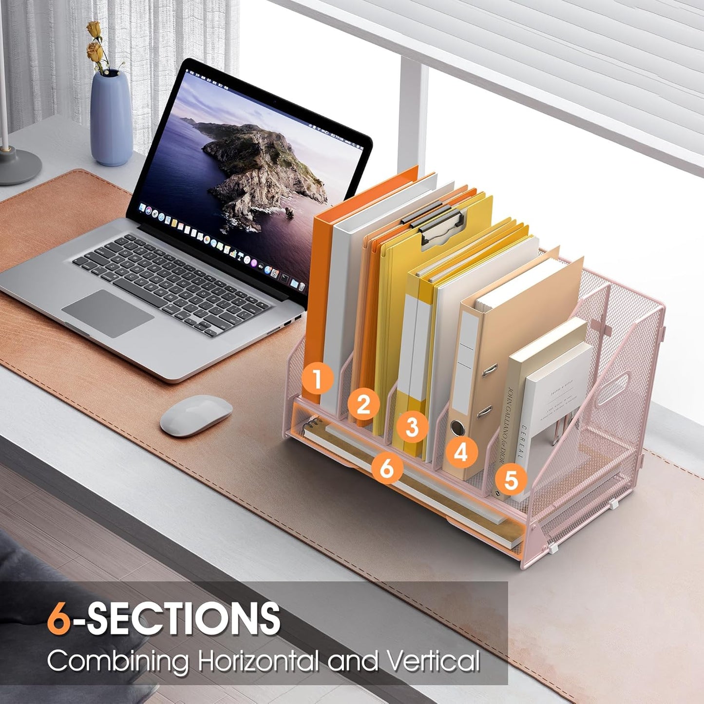 Desk File Folder Holder Organizer-5 Vertical Compartments Racks and Paper Letter Tray,Mesh Magazine File Holder Sorter,Desktop Accessories & Workspace Organizers for Home,Office,School-Pink