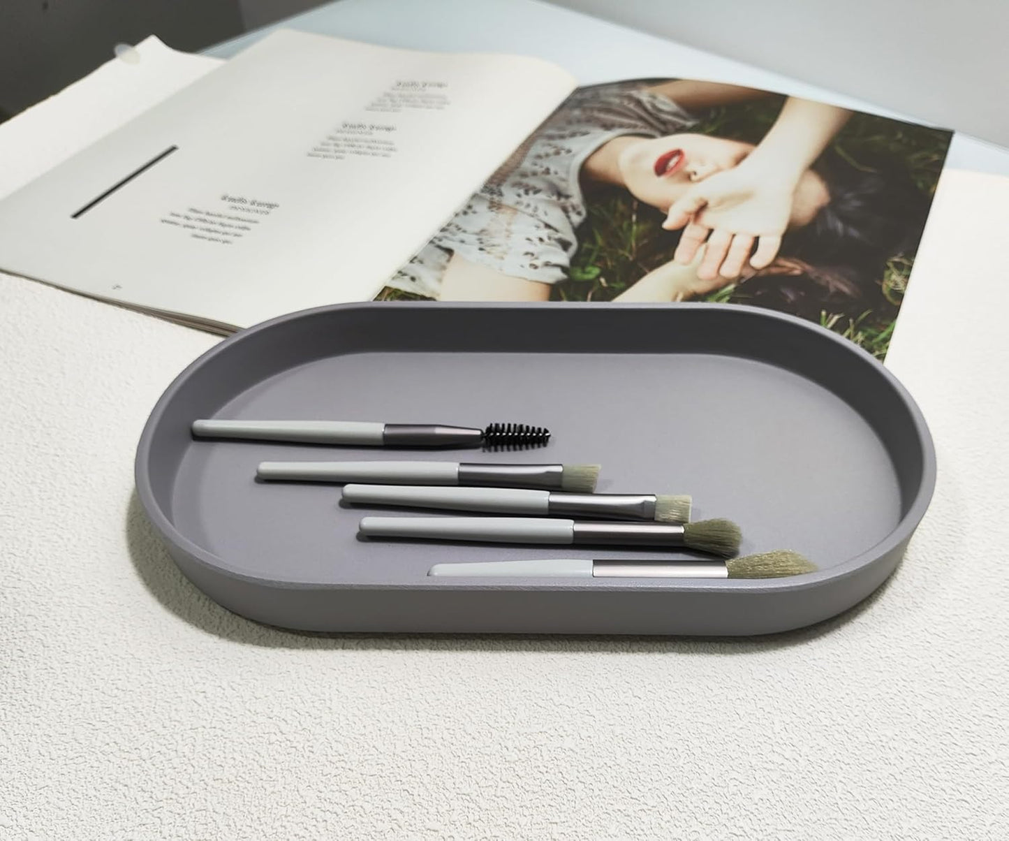 Gray Small Tray (10 inch), Oval Tray for Kitchen Counter, Bathtub Bathroom Vanity Items, Countertop Organizer, Coffee Accessory, Bar, Serving Seasoning, Salt and Pepper, Soap, Perfume.