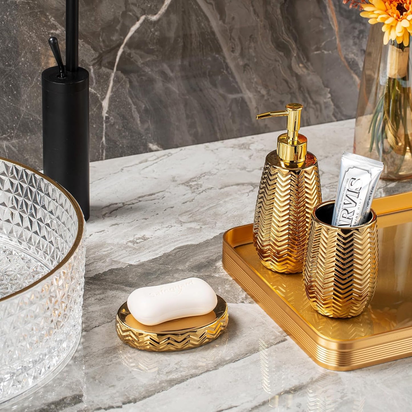 Gold Bathroom Accessories 3pcs Stylish Bathroom Accessories Set Gold Soap Dispenser Pump, Tumbler and Soap Dish Modern Decor Wavy Design Ceramic Bathroom Accessory Set