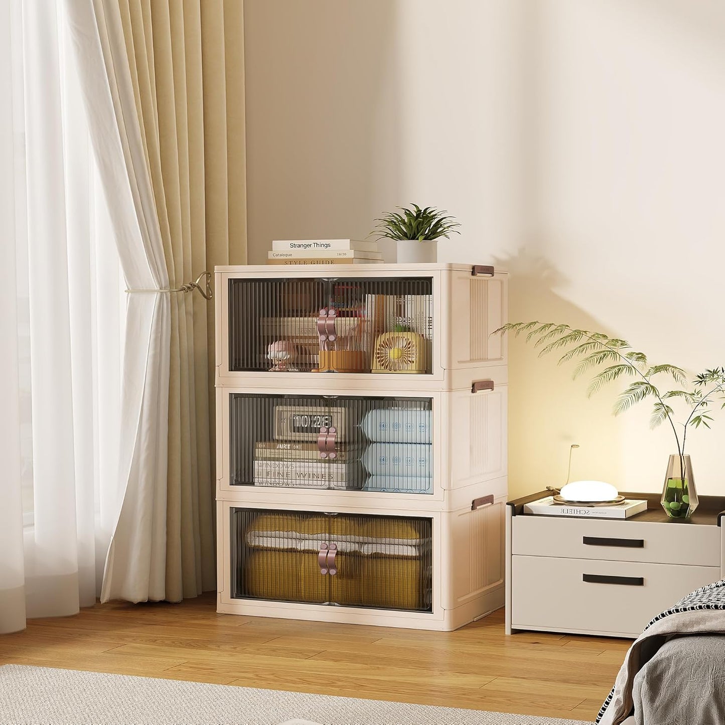 SAILUN 83Gal/335Qt Stackable Storage Bins Folding Collapsible Storage Bins with Lid, Closet Organizers and Storage, Beige 26" W x 17" D x 43.7" H