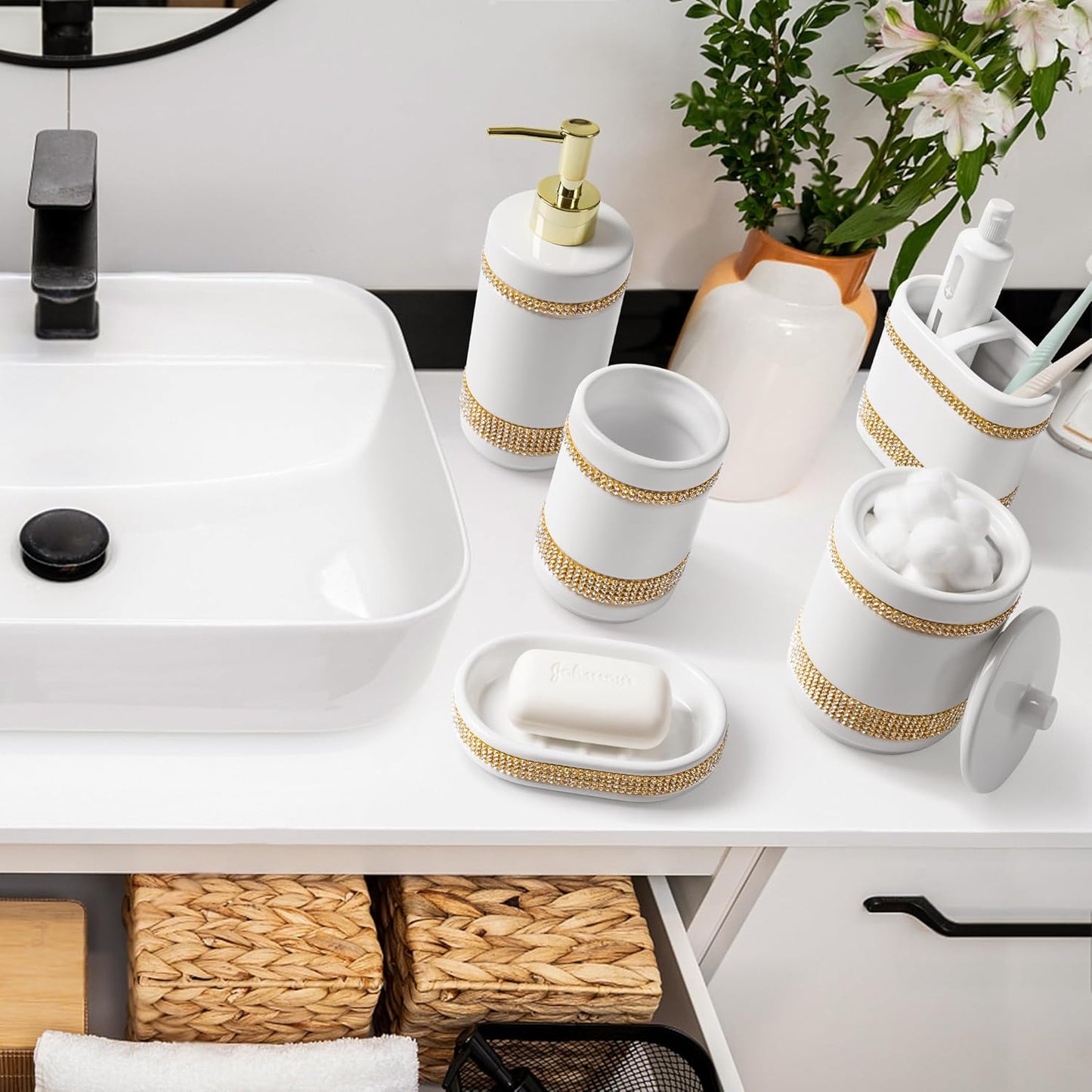 Bathroom Accessories Set with Diamonds 5 Pieces Toothbrush Holder Soap Dispenser Ceramic Bathroom Accessory Set Contain Cotton Swab Jar Toothbrush Cup Soap Dish Tumbler