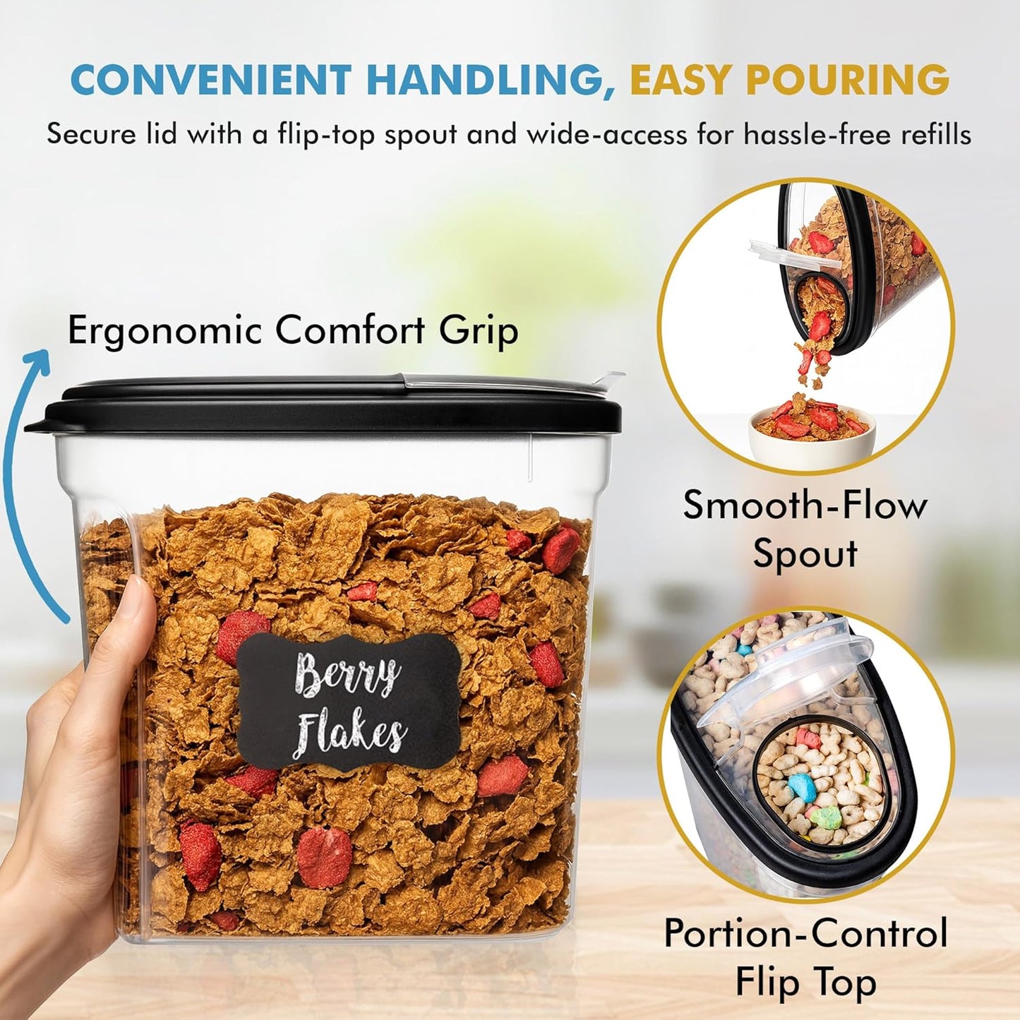 Shazo 3 PC Cereal Container Storage Set (5.2L, 2.8L, 1.2L) - Large Airtight Food Storage Containers with Flip-Top Lids, BPA-Free Plastic Cereal Dispenser for Pantry, Rice, Flour, Sugar & Pasta