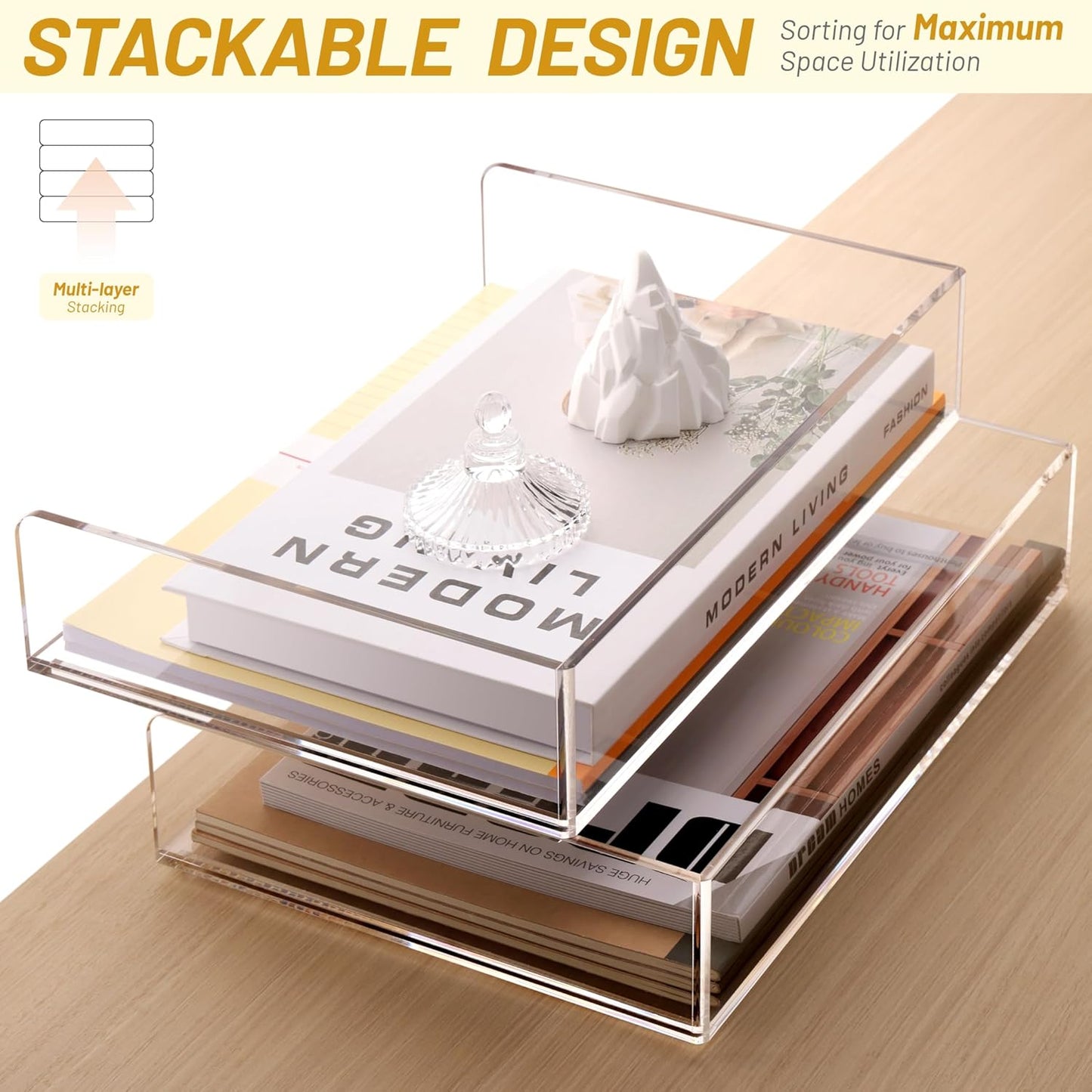 SANRUI Acrylic Paper Tray Organizer for Desk,Desk Organizers and Accessories,2 Pack Stackable Paper Organizer for Letter,Documents,Books,Magazines Crystal-Clear File Organizer