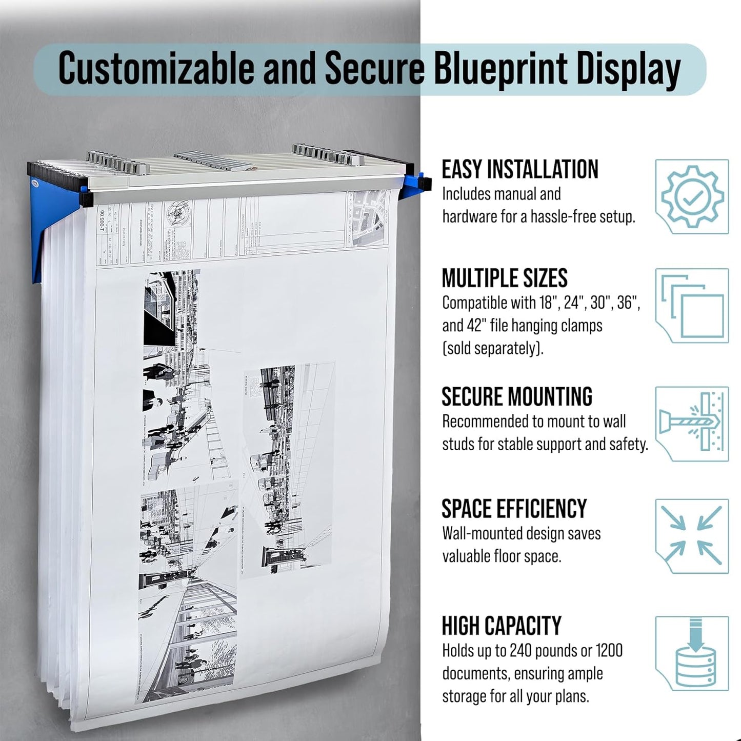 Adir Blueprint Wall Rack - Blueprint Plans Organizer and Construction Plan Holder - Poster Display and Map Rack for Office and Home (Without Blueprint Clamps)
