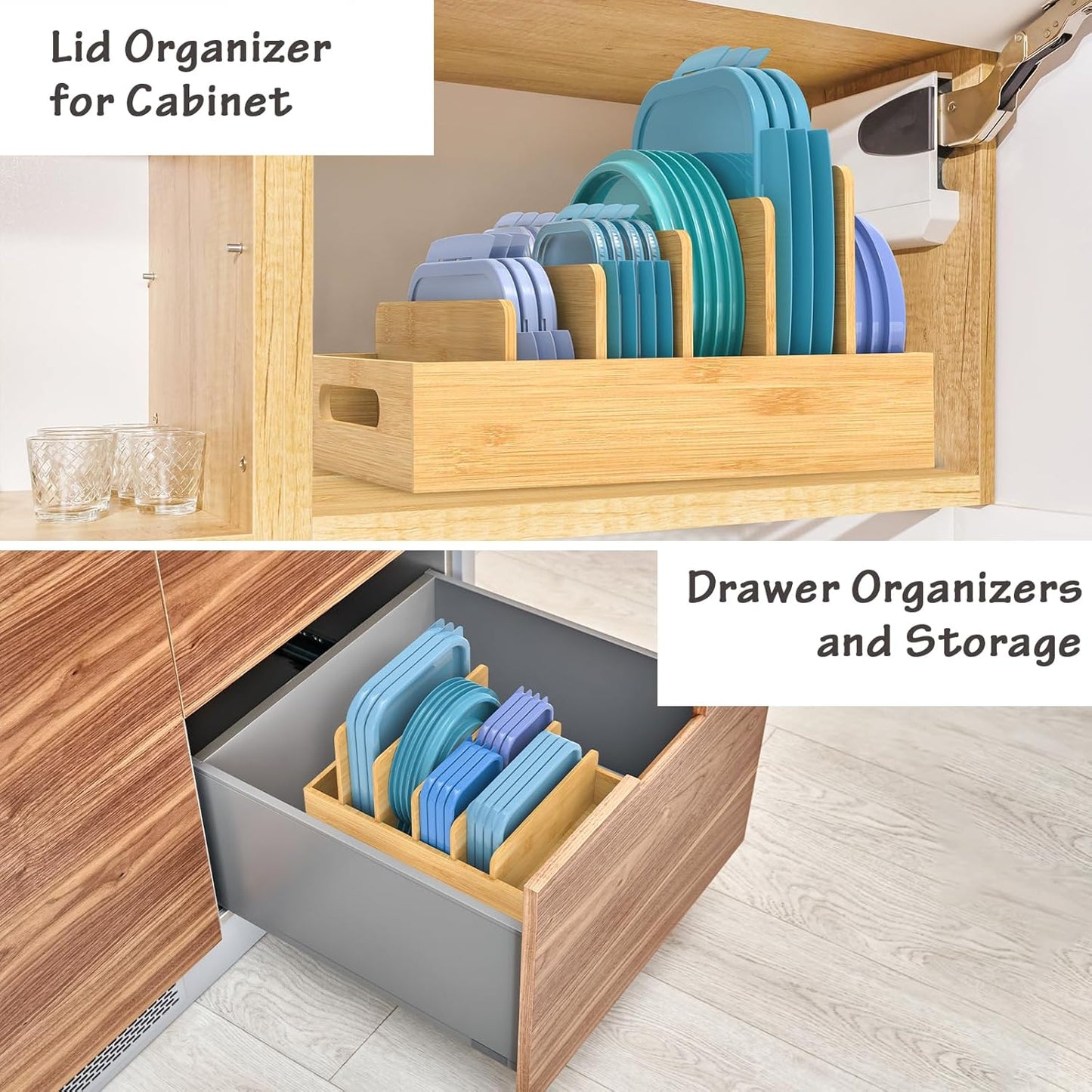 Retro Shaw Bamboo Food Container Lid Organizer with Adjustable Dividers for Cabinet, Lid Organizer for Plastic Lids and Covers Kitchen Storage and Organization