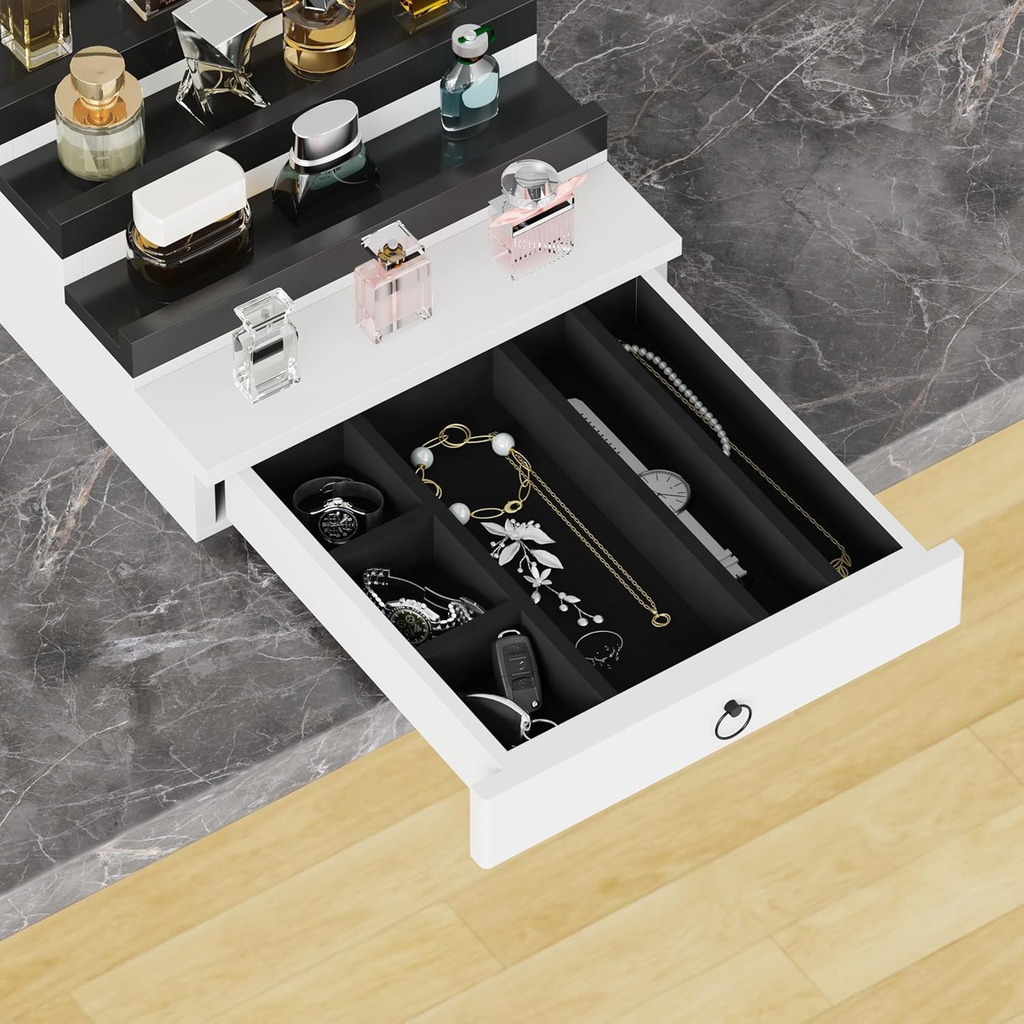 Blisse Cologne/Perfume Organizer, 4-Tier Storage Drawer with Hidden Compartments, Soft-Lined Display Case (White with Black)