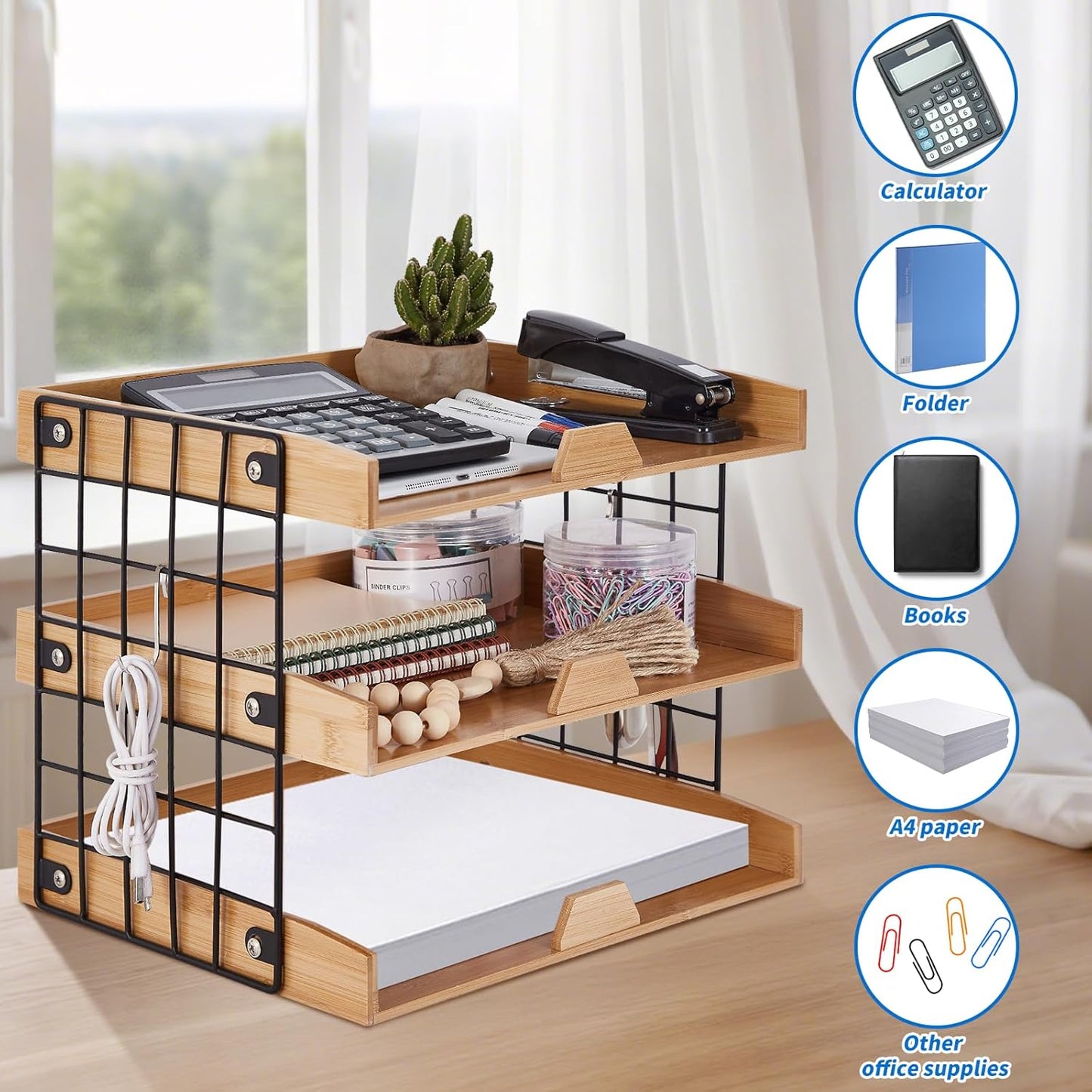 3-Tier Wood Paper Tray, Inbox Tray for Desk, Letter File Trays Desk Organize Office Supplies Accessories, Workspace Desktop Storage for Home, Office, School