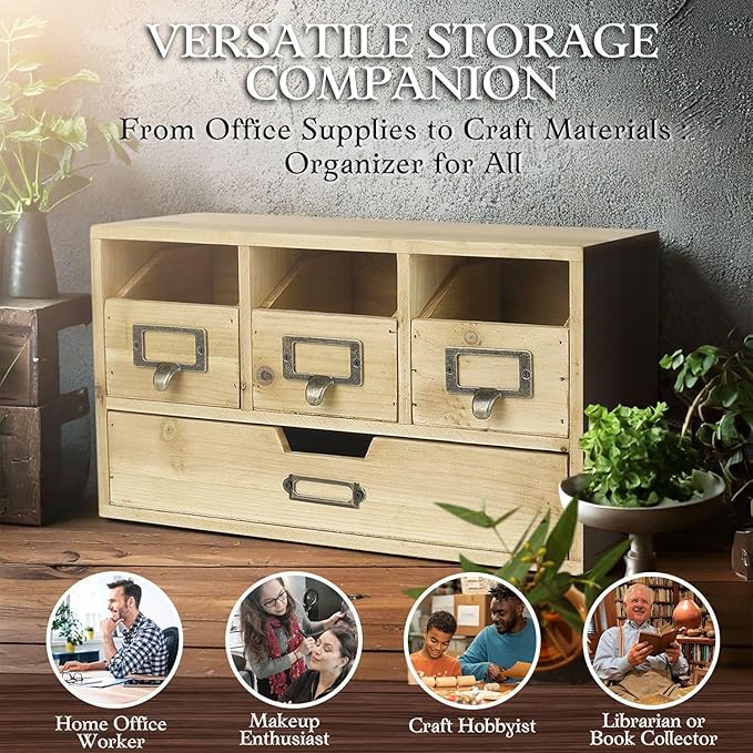 Flexzion Apothecary Cabinet with 4 Drawers - Vintage Natural Wood Desktop Organizer for Home & Office Supplies - Tabletop Wooden Storage for Catalog, Card, Jewelry, Makeup, Craft & Tools