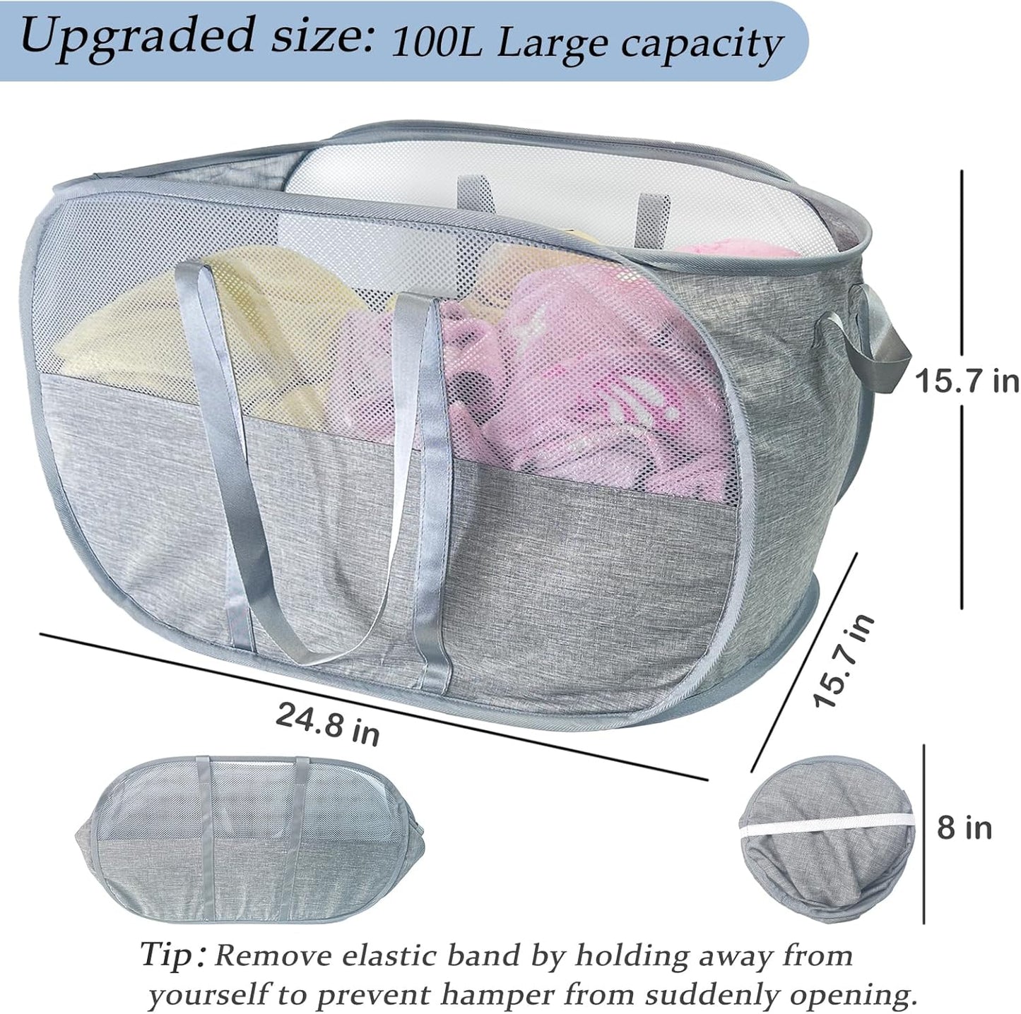 Upgraded 100L Extra Large Mesh Pop Up Laundry Hamper, Dirty Clothes Hamper with Reinforced Handles, Pop-up Hampers for Laundry Travel. Dorm or Home Portable Laundry Basket. Grey