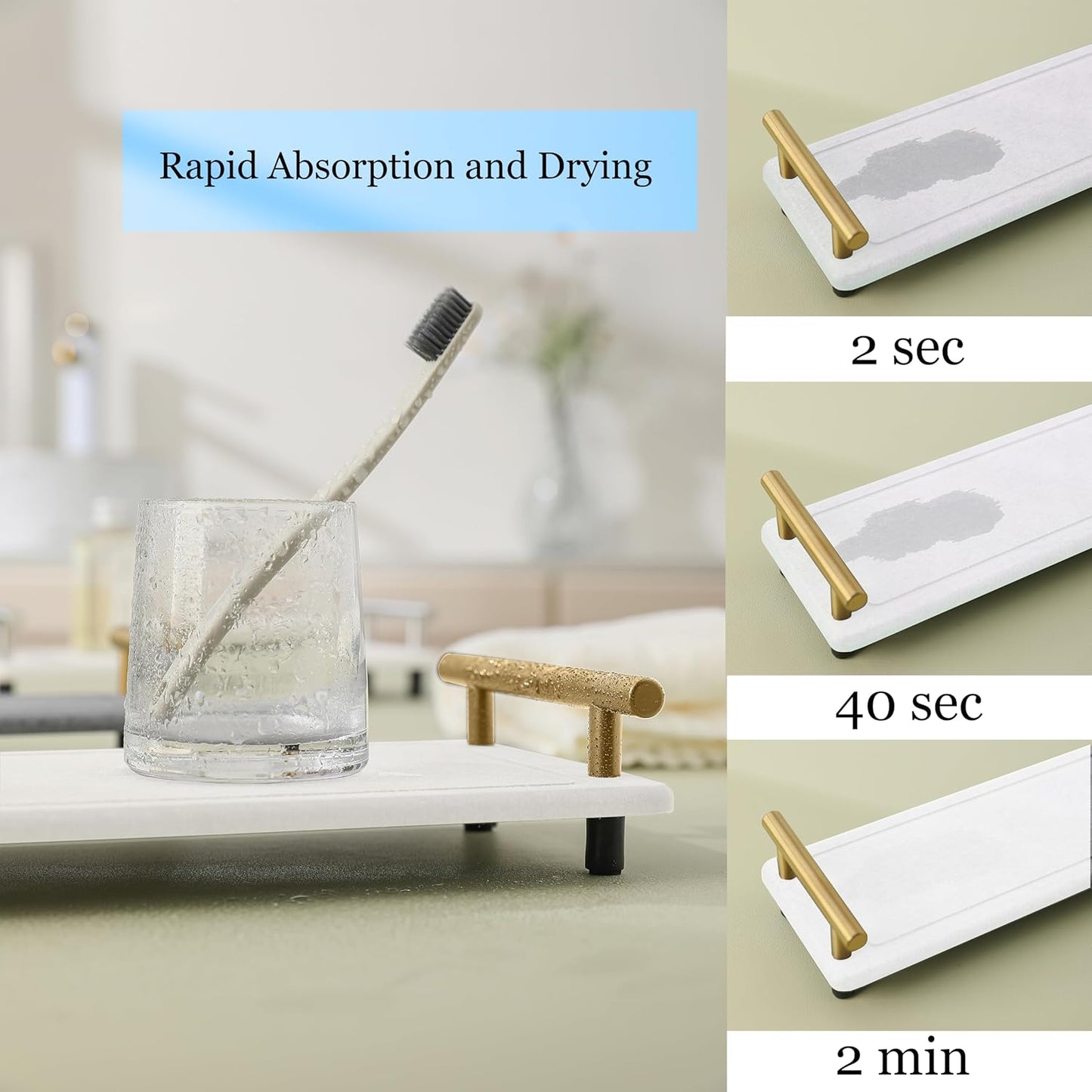 2Pcs Water Absorbing Stone Drying Tray for Kitchen Counter, Decorative Organizer for Kitchen Counter, White Gold Sink Tray, Stone Drying Mat, Instant Dry Sink Caddy (White & Gold Handle, Small)