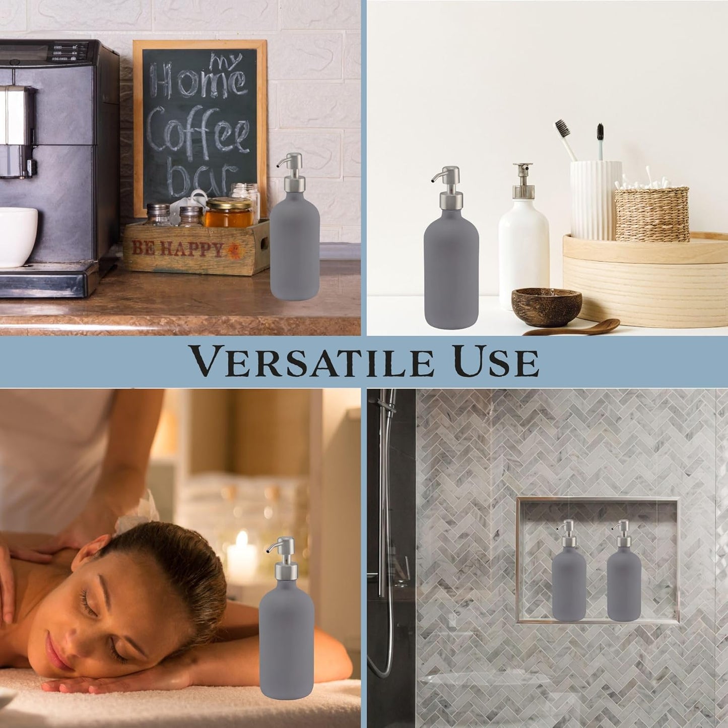 Cornucopia Brands 16oz Gray Pump Bottles (2-Pack); Gray Coated Glass Soap Dispenser Pump Bottles for Lotion, Hand Care & Liquid Soap