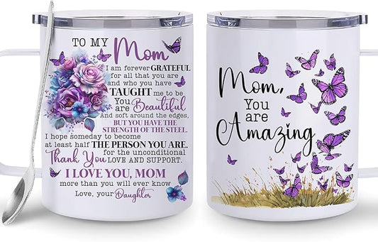 Hyturtle Mom Mug With Lid & Spoon Gifts from Daughter, 12oz Insulated Stainless Steel, Christmas Birthday Gifts for Mom Mother, Unique Purple Butterfly Gifts For Women Gift Coffee Tea Travel Cup