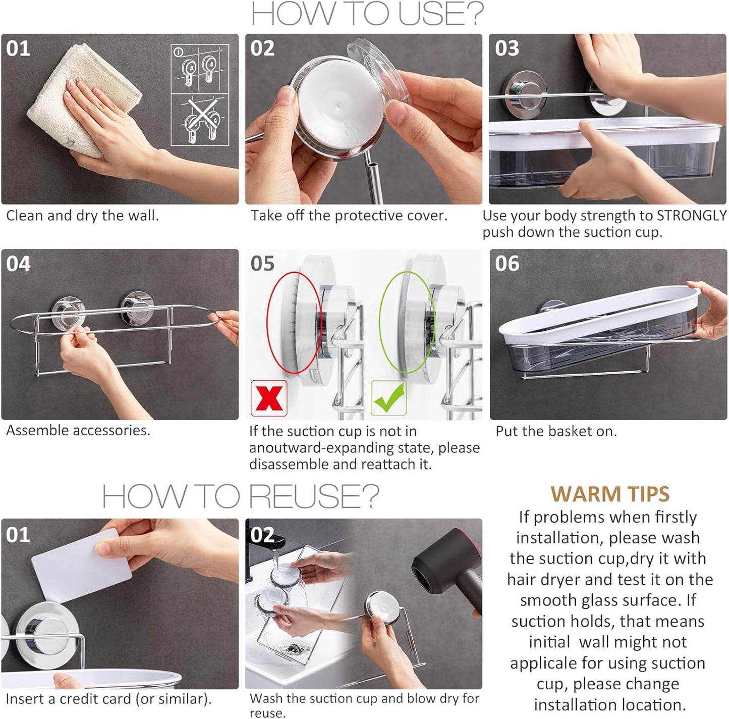 LEVERLOC Shower Caddy Suction Cup, Shower Organizer Removable Bathroom Shelf, Storage Suction Powerful Max Hold 22lbs Bathroom Caddy Waterproof Holder, Chrome & Clear, Large