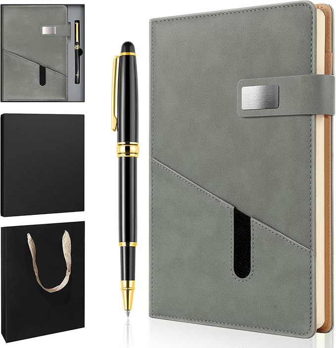 A5 Lined Leather Notebook and Pen Set with Gift Box, 240 Pages Refillable Journal with Pocket and Magnetic Buckle, Hardcover Daily Diary for Men and Women Business Travel Personal Writing- Gray