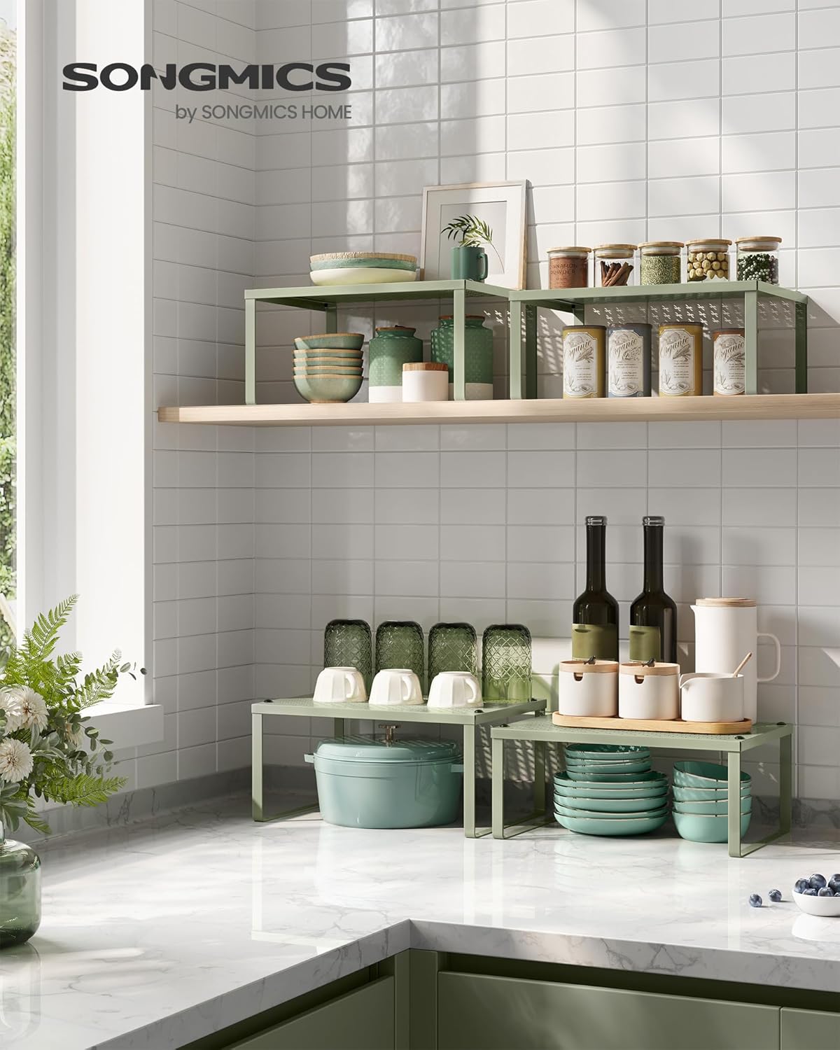 SONGMICS Spice Racks, Set of 4 Metal Cabinet Shelf Organizers, Countertop Organizers, Shelf Risers, Stackable, Expandable, Sage Green UKCS006C01