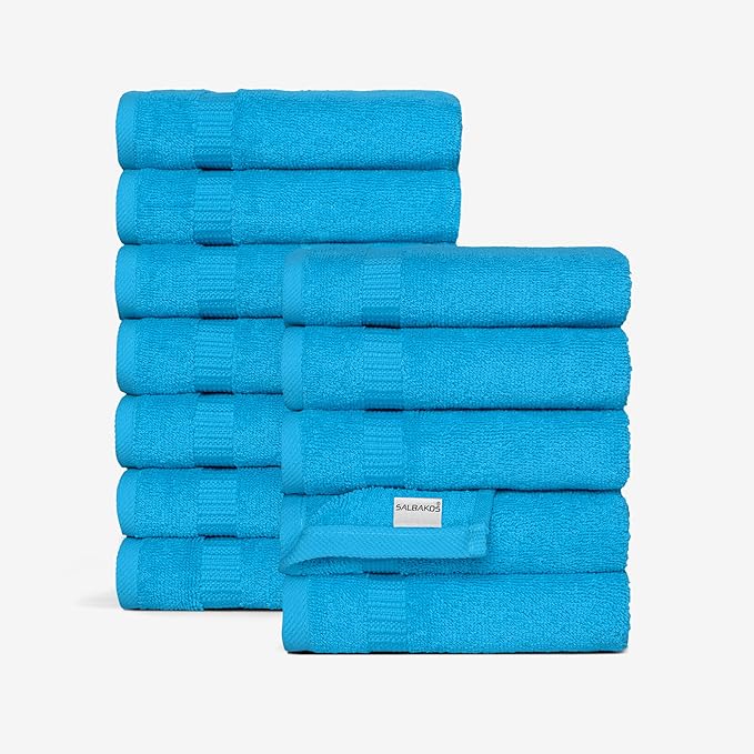 SALBAKOS 100% Turkish Cotton Washcloth Set of 12 13x13 inch | Heirloom Quality | Hotel & Spa Collection | Ultra Soft, Super Absorbent, Washcloth Towels | Made in Turkey (Aqua, 12 Washcloths)