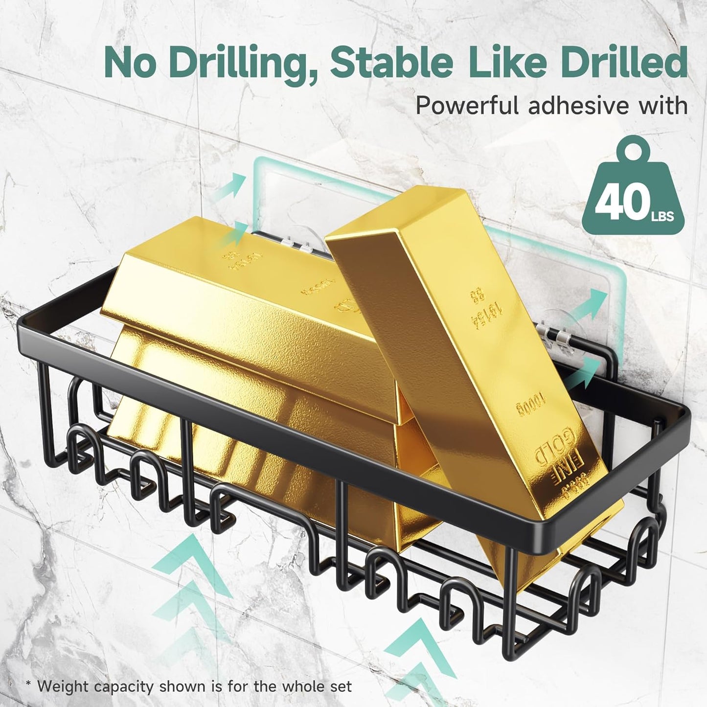 Veken Rustproof & Waterproof Shower Caddy 5-Pack, No Drilling Adhesive Wall Mounted Shower Shelves, Racks For Inside Shower, Large Bathroom Organizer Storage Accessories, Ideal for Home&Kitchen, Black