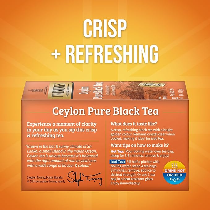 Twinings Ceylon Pure Black Tea Individually Wrapped Bags, 20 Count (Pack of 2), formerly Ceylon Orange Pekoe, Crisp, Refreshing, Caffeinated, Enjoy Hot or Iced, 20 Teabags