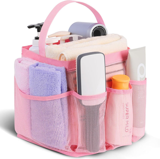 EUDELE Mesh Shower Caddy Portable for College Dorm Room Essentials,Portable Shower Caddy Dorm with 8-Pocket Large Capacity, Shower Bag for Beach, Swimming, Gym-Pink