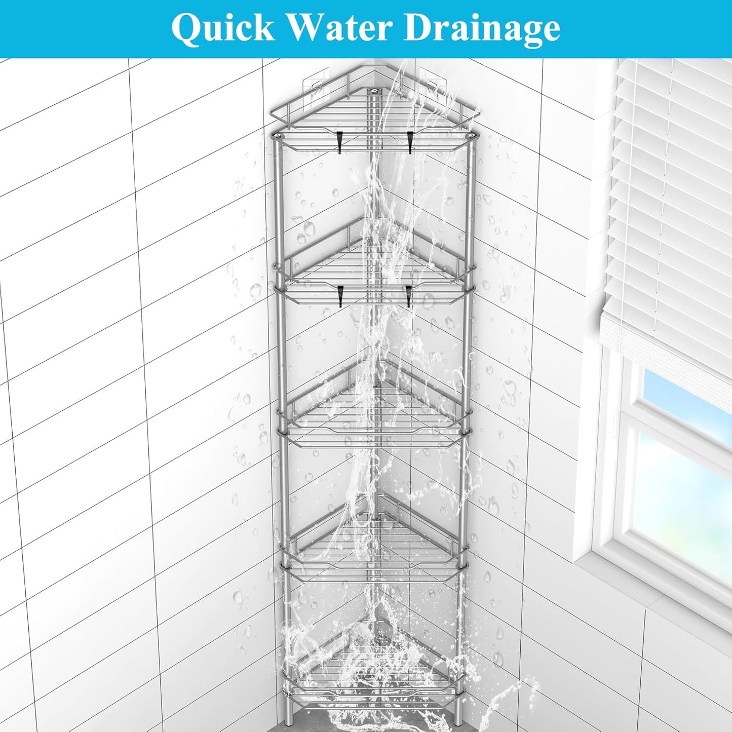 5 Tier Floor Standing Corner Shower Caddy Organizer Shelf with Hooks, Bathroom Shelves Stand Rack, Gray