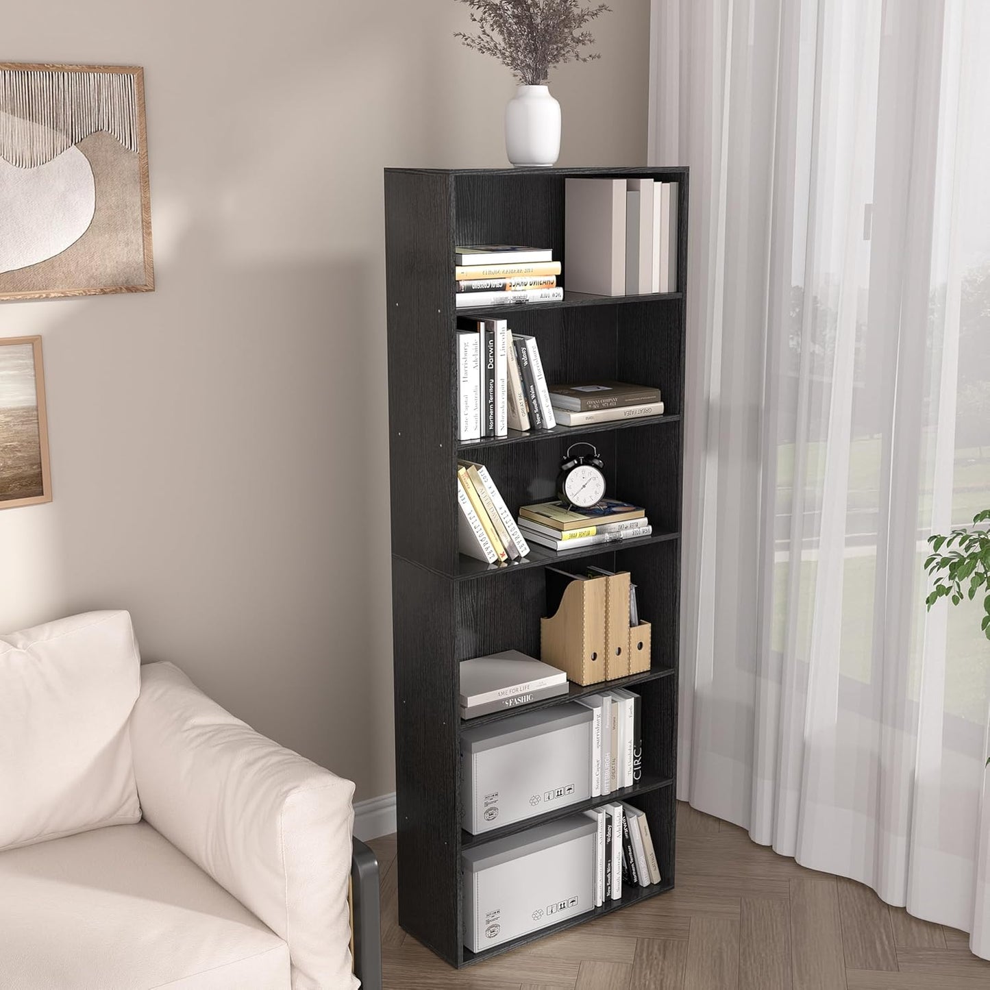 Wooden 6 Cube Storage Organizer,6 Tier Low Bookcase Storage Display Organizer, 64 Inch Versatile Cubes Shelf and Cubby Unit for Any Space (Black, 6 Cube-W(23.6inch)