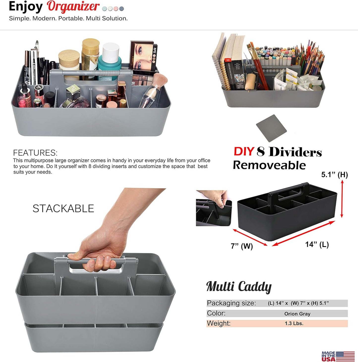 2 PACK - Portable DIY 8 Dividers Durable Plastic Tote Tool & Supply Cleaning Caddy with Handle Made In USA (Orion Gray)