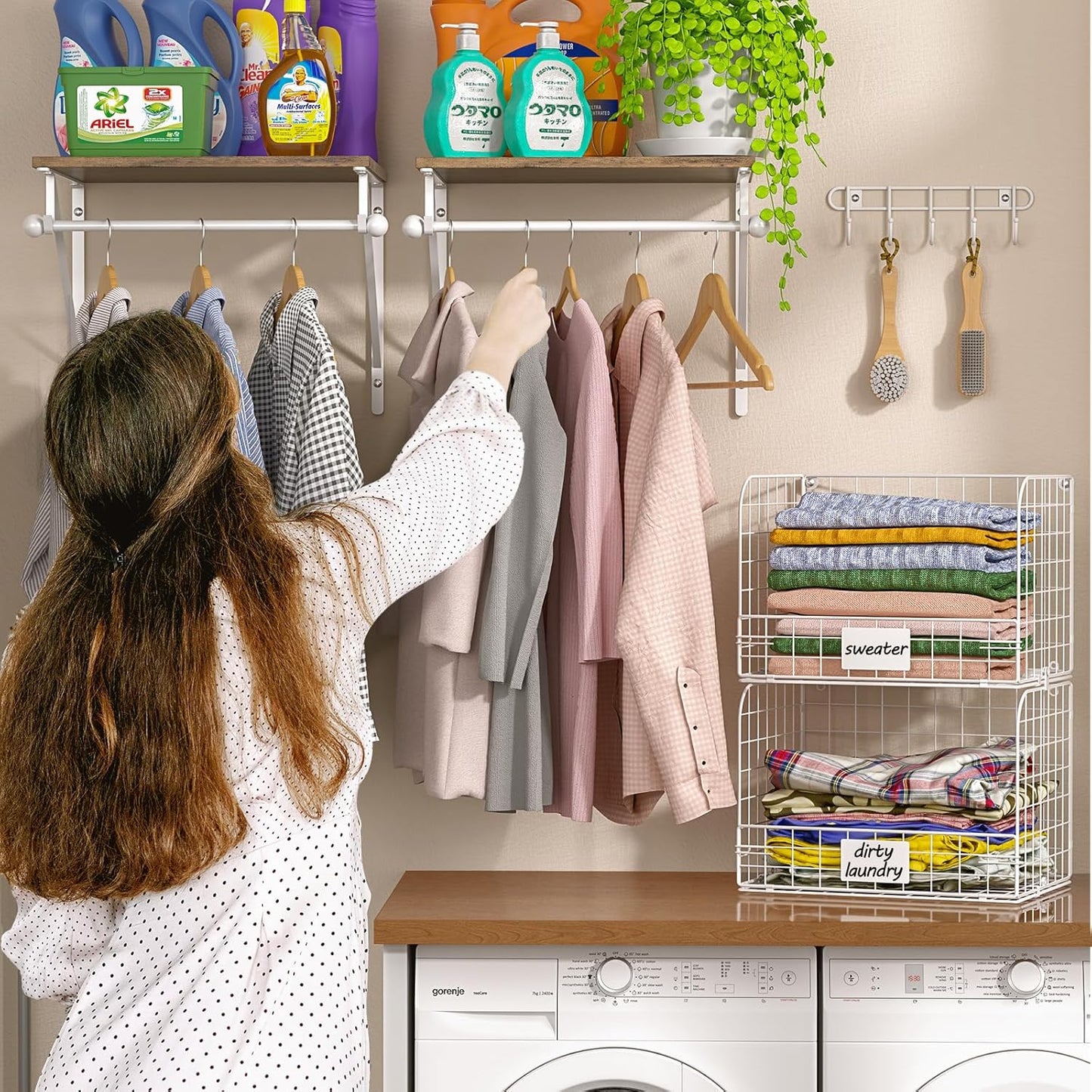 2 Set Laundry Room Shelves Wall Mounted with Wire Storage Baskets, Over Washer and Dryer Shelves with Hanging Rods and Hooks, Wire Shelves for Laundry Organization and Storage, White, Wooden