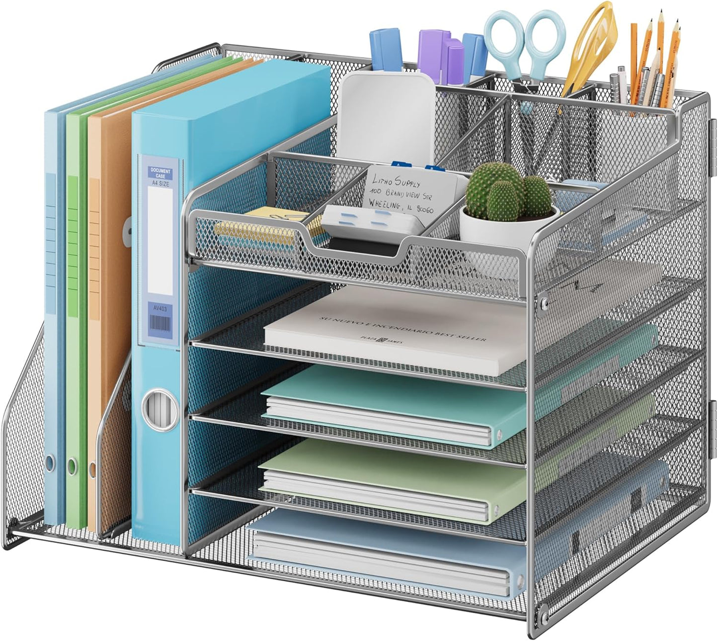 Lavatino 5-Tier Metal Mesh Desk Organizer with 2 File Holders & 7 Customizable Compartments | Paper Letter Tray for Office or Home Desk Storage | Keep Workspace Supplies Neat & Organized, Silver