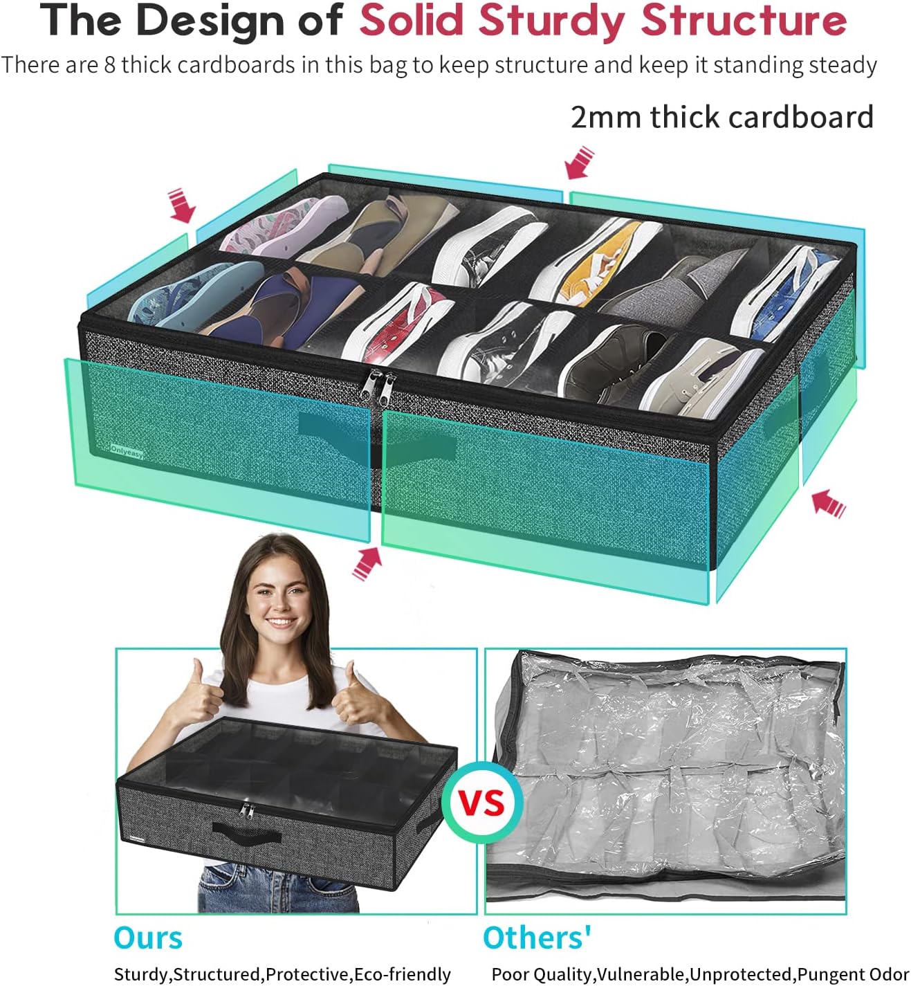 Onlyeasy Sturdy Under Bed Shoe Storage Organizer, Set of 2, Fit 12 to 24 Pairs, Underbed Shoes Closet Storage Solution with Clear Window, Breathable, L29.3 x W23.6 x H5.9, Linen-like Black, MXAUBSB2P