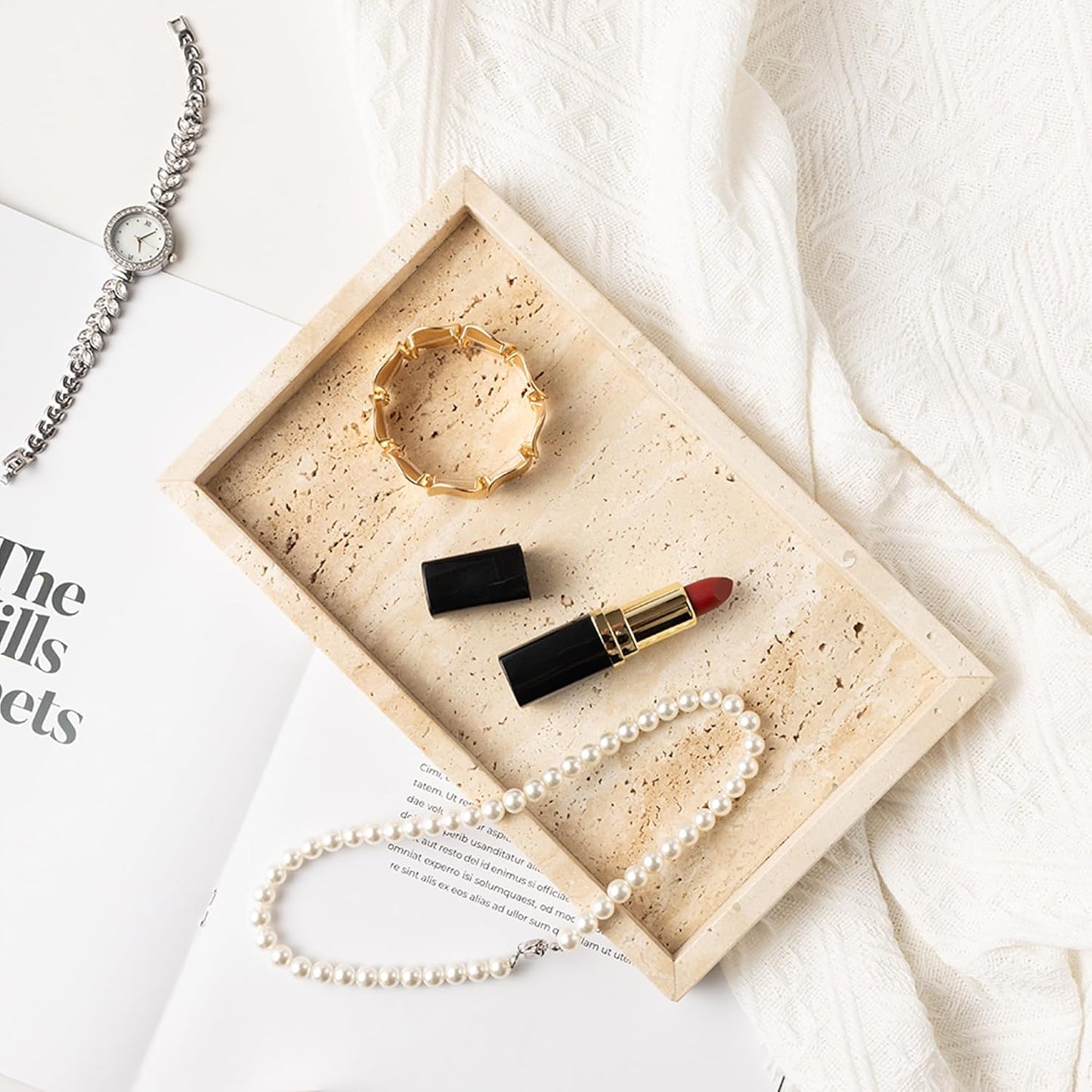 WORHE Italy Travertine Stone Vanity Tray for Jewelry, Perfume, Makeup, Candle,Natural Marble Decorative Trays for Bathroom Dresser Rectangle Kitchen Storage Organizer for Home Decor Beige (WH020)