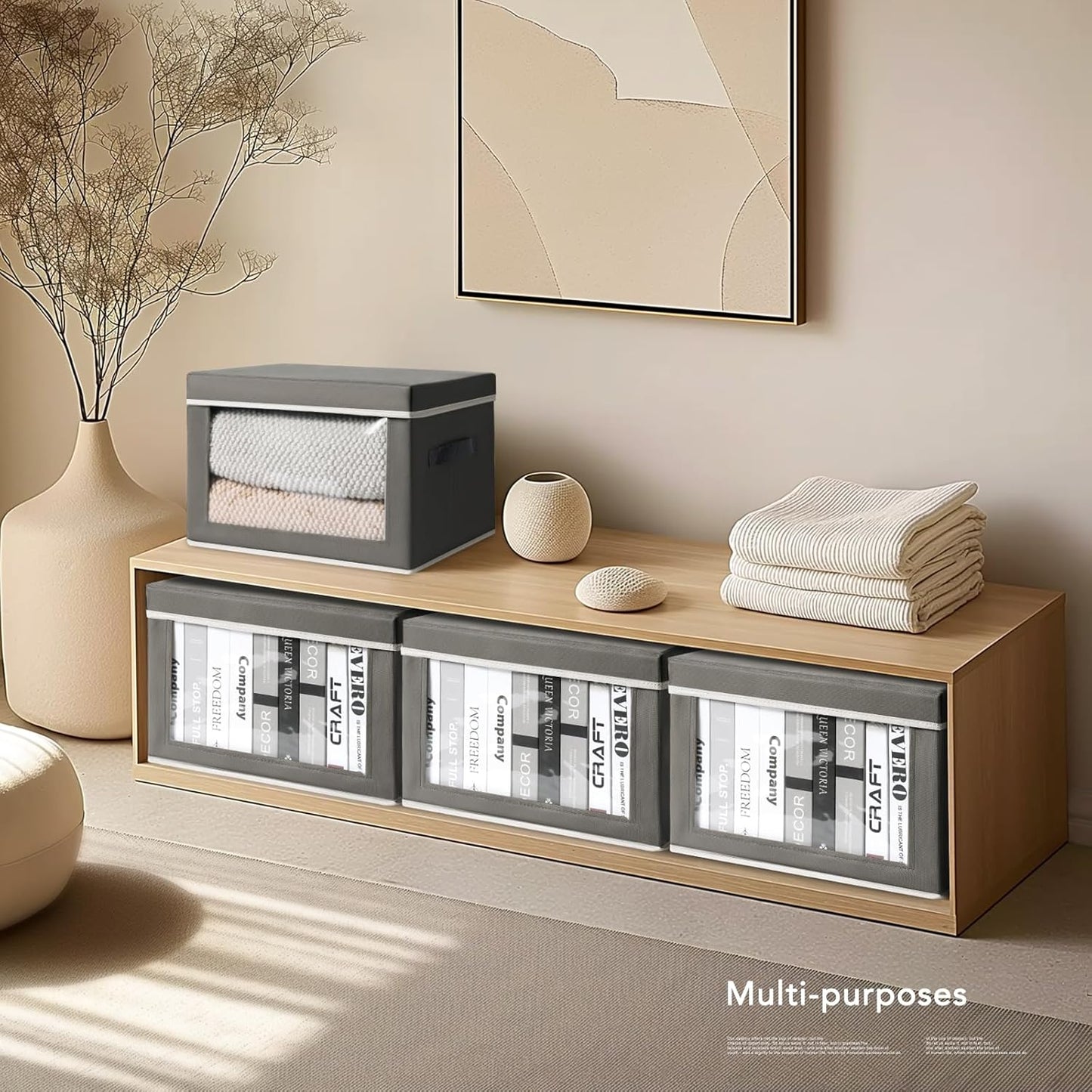 Storage Boxes with Lids - 3 Pack Fabric Clear Window Storage Bins, Collapsible Storage Bins with Lids, Linen Closet Organizer for Clothes, Towel, Blanket, Dark Grey