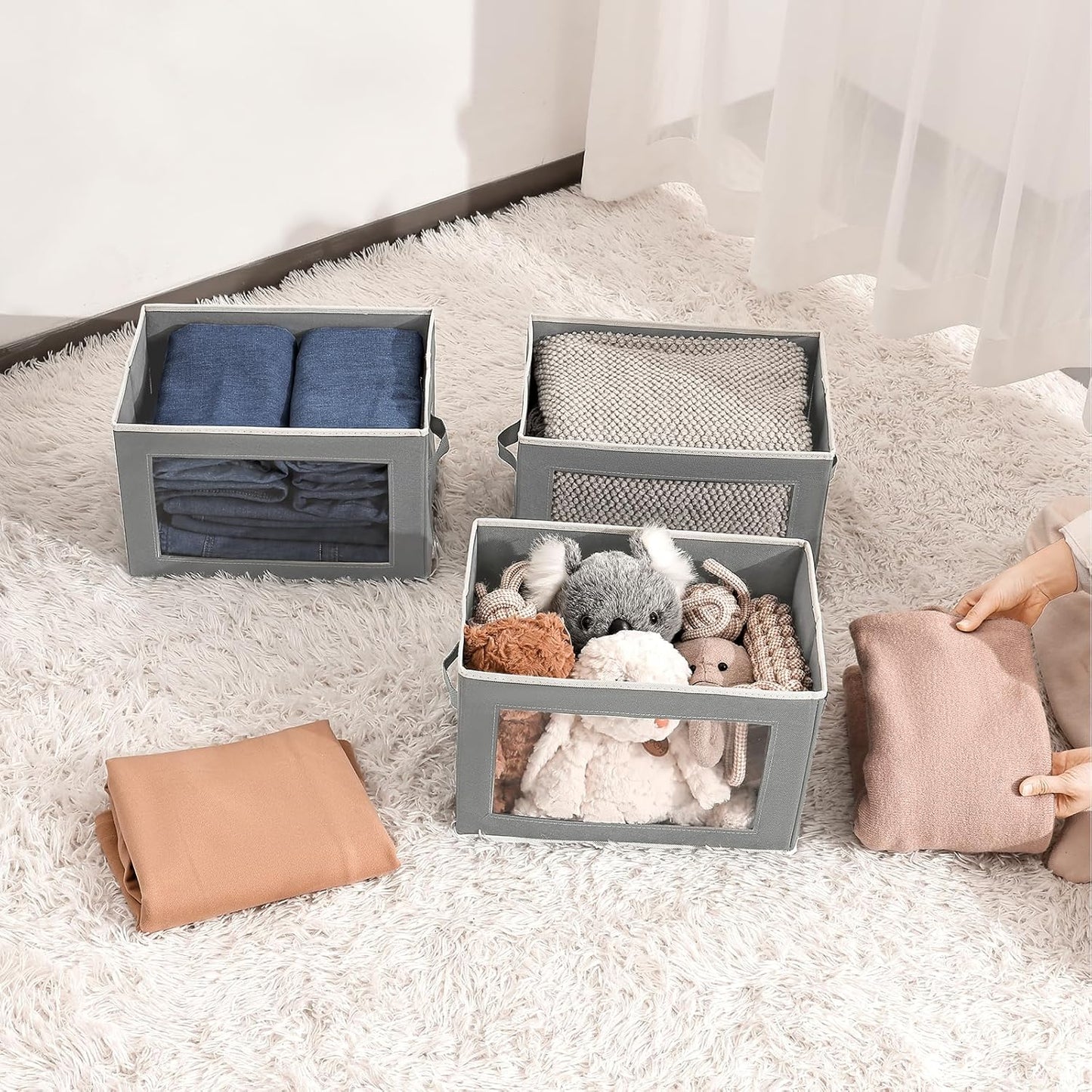 Collapsible Storage Bins with Lids, 4 Pack Closet Cubes for Organization, Fabric Storage Baksets with Window, Clothes Organizer bins for Home, Dorm, Grey