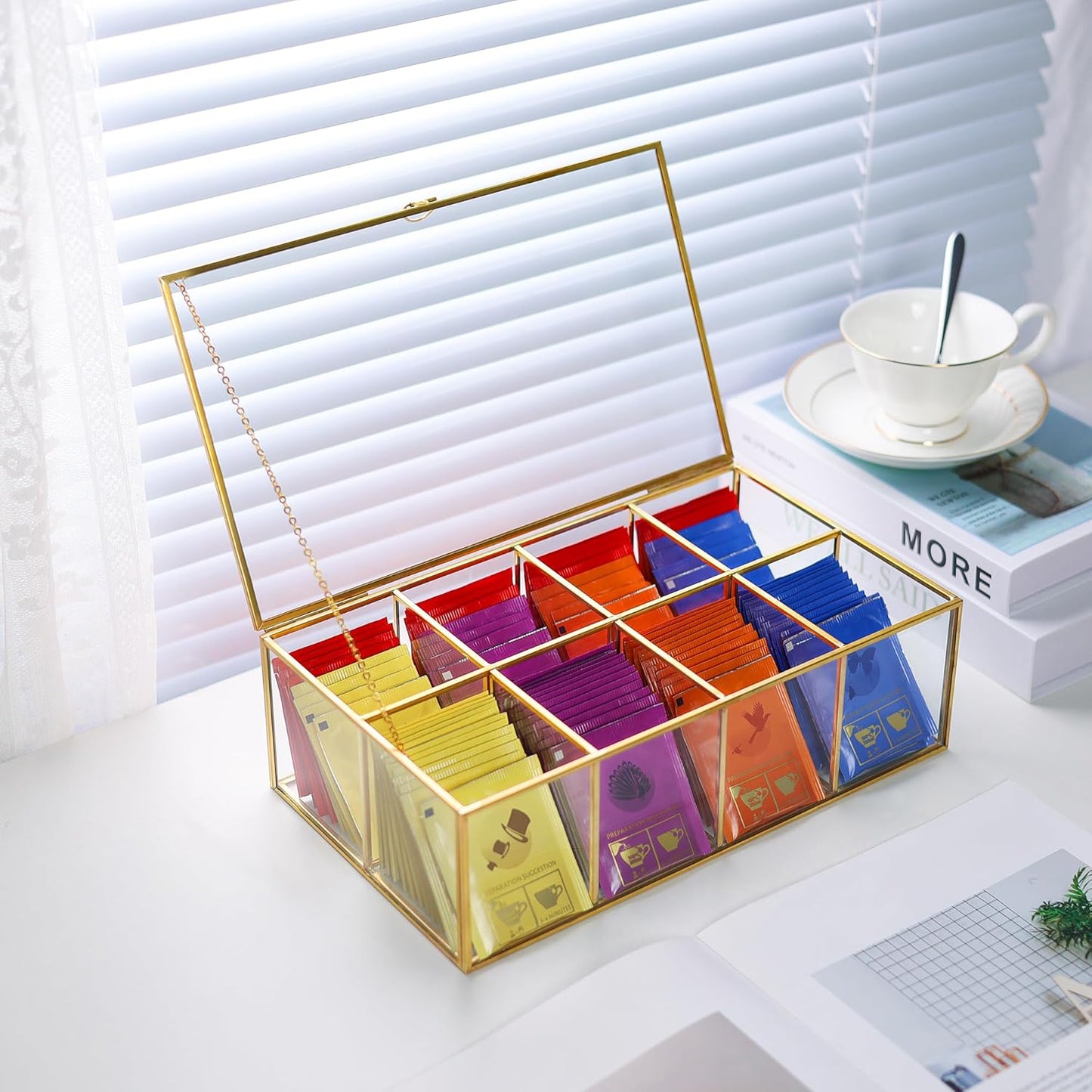 Glass Tea Bag Organizer with 8 Compartments, Handmade Large Tea Bag Storage Box for Counter Kitchen, Tea Bag Holder,Tea Storage Containers with Lid,Tea Accessories Gifts for Tea Drinkers,Gold