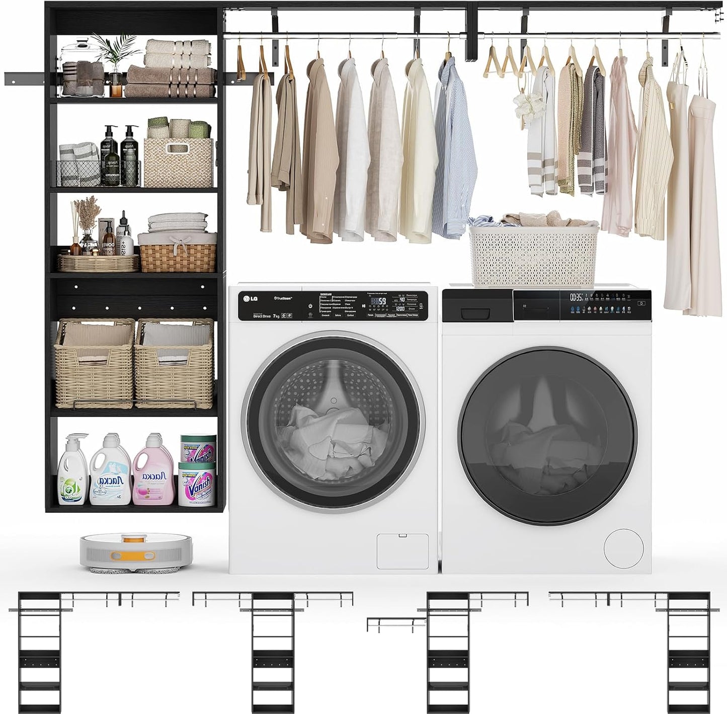 Unikito Over Washer and Dryer Storage Shelf, 8FT Wall Mounted Laundry Room Organizer, Space Saver Clothes Drying Rack with Hanger Rod, 6-Tier Heavy-Duty Closet System with Adjustable Shelves, Black