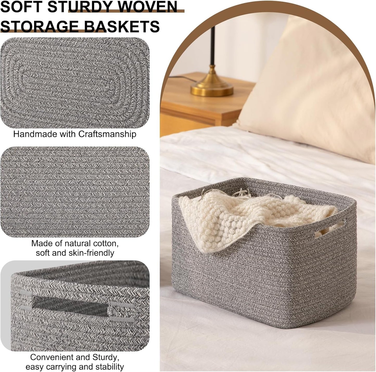 Storage Baskets for Organizing, Woven Decorative Baskets for Shelves - Books, Towels, and Clothes, Cotton Rope Toy Storage Bins, 12.7''Lx9''Wx7.8''H, Pack of 4, Grey