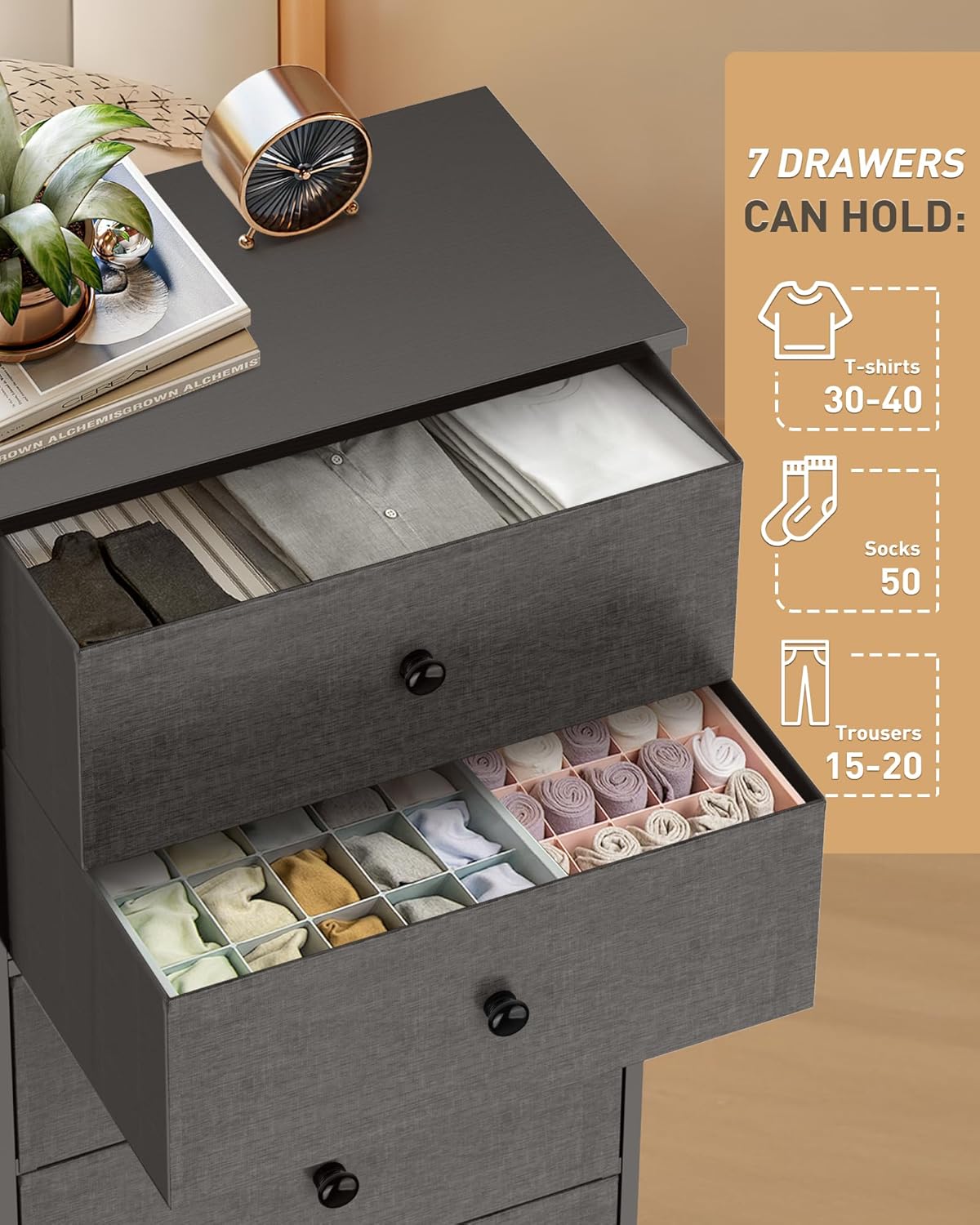 Tall Fabric Dresser for Bedroom, Vertical Storage Organizer Tower with 7 Drawers, Chest of Drawers with Bins, Steel Frame, Wood Top for Bedroom, Closet, Entryway Grey