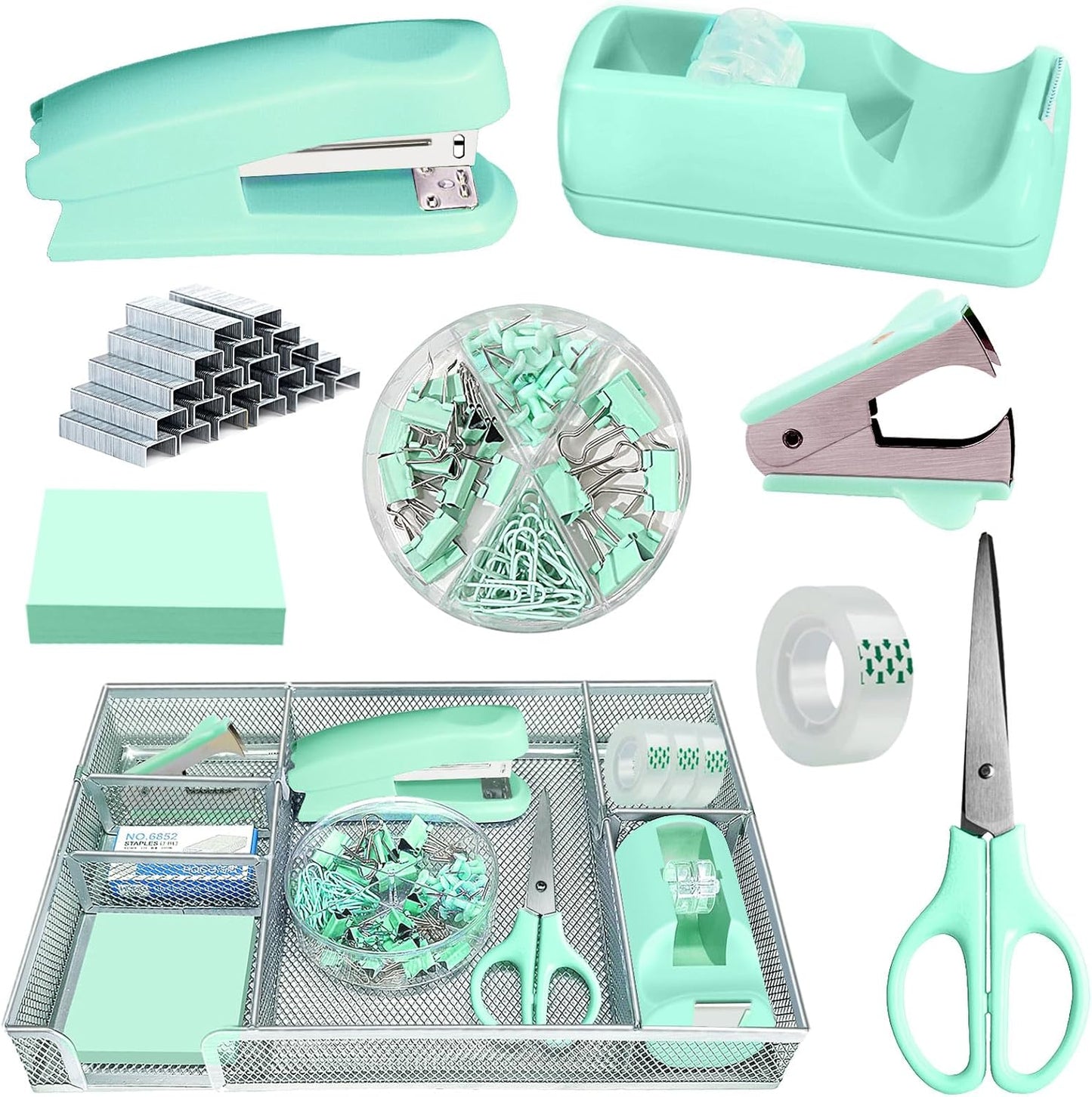 Green Office Desk Accessories, Green Office Supplies Set, Desk Drawer Organizer,Stapler and Tape Dispenser Set,Tape,Staple Remover, Staples, Paper Clips, Scissor and Sticky Note