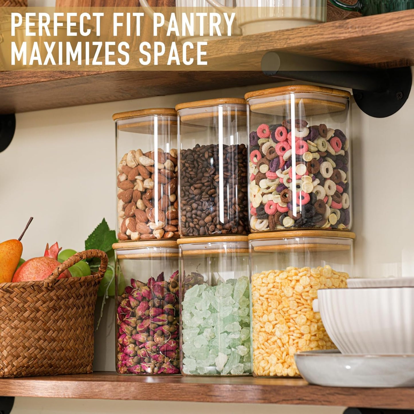 37oz Airtight Glass Square Storage Canisters with Bamboo Lid Set of 6 (1100ml) Stackable Containers, Kitchen Jars for Pantry Noodles, Flour and Coffee beans (‎with Black Lable)