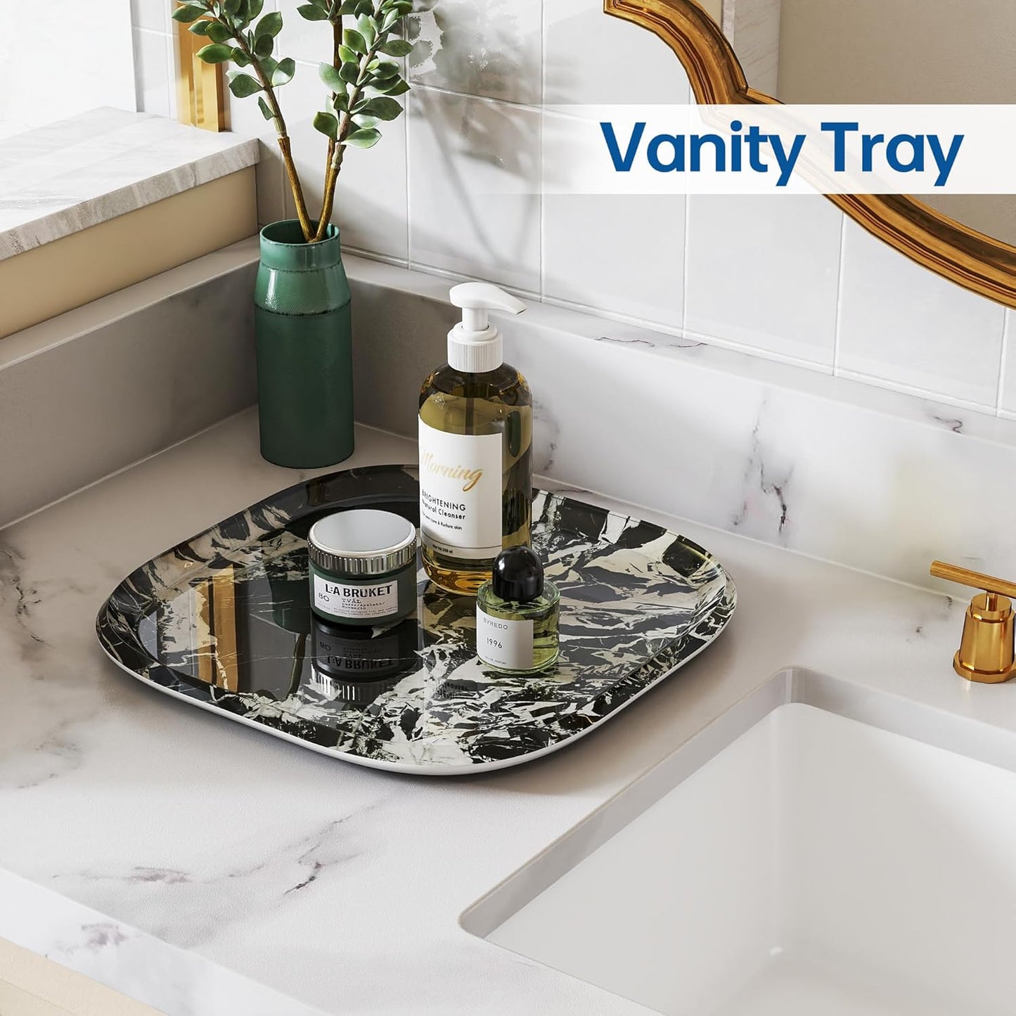 Vanity Decorative Glass Tray,12" x 12" Black Marble Pattern Perfume Tray, Bathroom Tray Countertop Organizer for Soap Towel, Jewelry, Candle