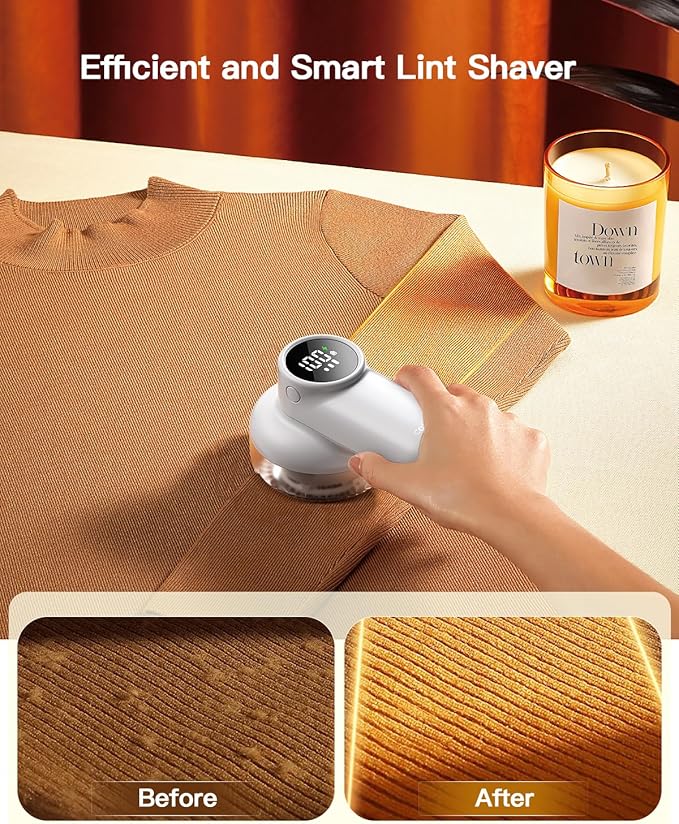 coldSky Rechargeable Fabric Shaver, Lint Shaver with Digital Display, Sweater Shaver with 6-Leaf Blades and Safety Lock, 3-Speeds Defuzzer Remove Fuzz, Pills from Clothes, Furniture, Sofa, White