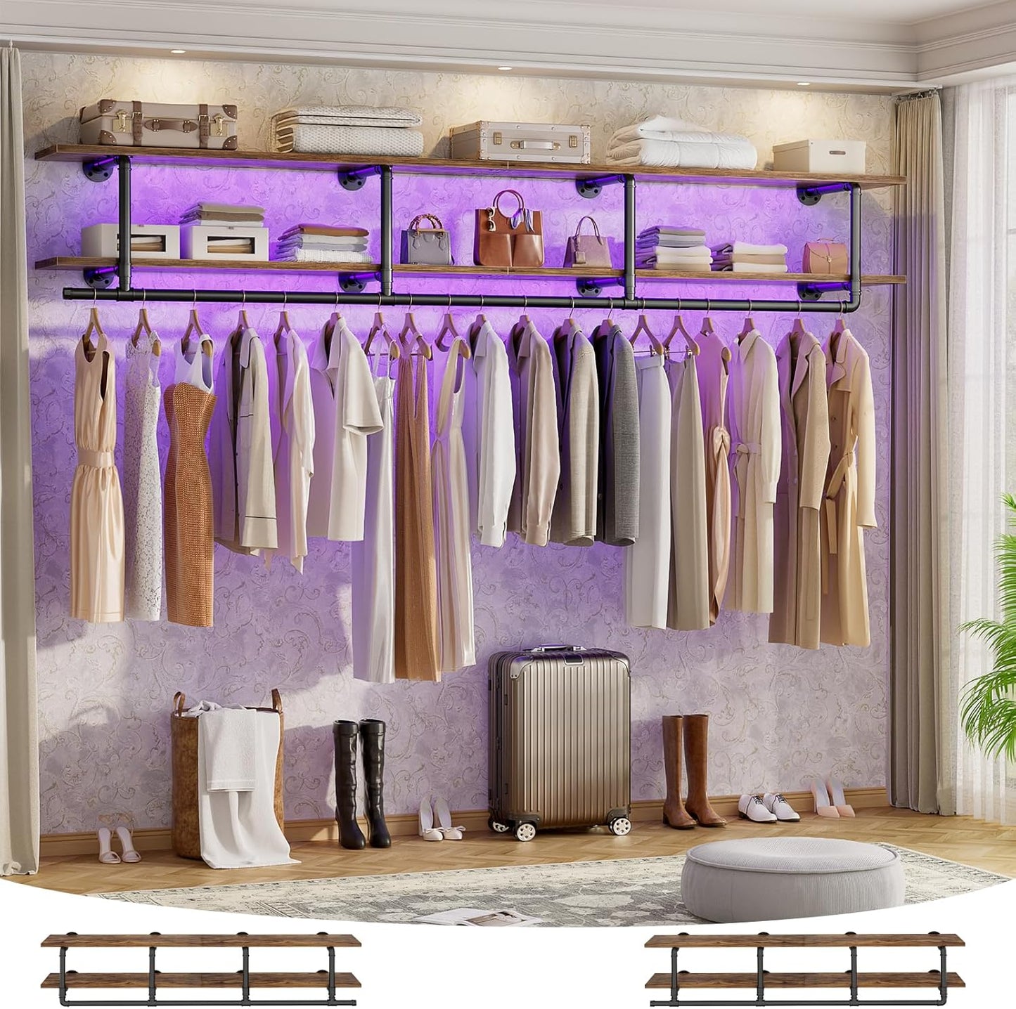 Aheaplus Industrial Pipe Clothes Rack with Top Shelf, 73In Space-Saving Wall Mounted Clothing Rack, 2 Tiers Heavy Duty Pipe Clothing Shelves with Hanging Rod for Laundry Room, Closet, Rustic Brown