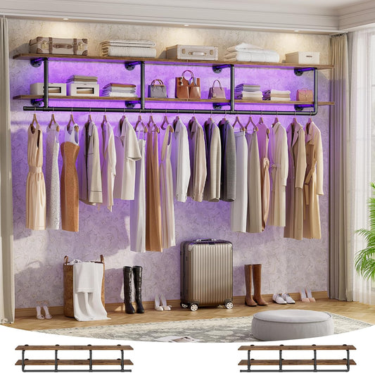 Aheaplus Industrial Pipe Clothes Rack with Top Shelf, 73In Space-Saving Wall Mounted Clothing Rack, 2 Tiers Heavy Duty Pipe Clothing Shelves with Hanging Rod for Laundry Room, Closet, Rustic Brown