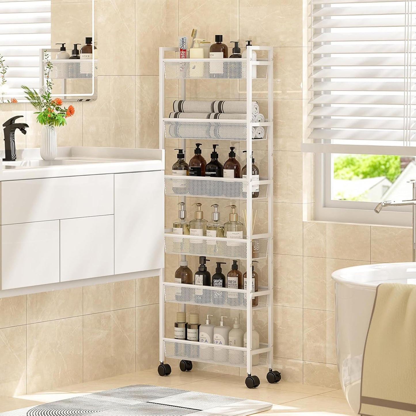 6 Tier Slim Storage Cart, Narrow Cart with Wheels, Metal Mobile Shelving Unit Organizer for Bathroom, Kitchen, Laundry Room, Living Room & Narrow Spaces, White, 6in(W)