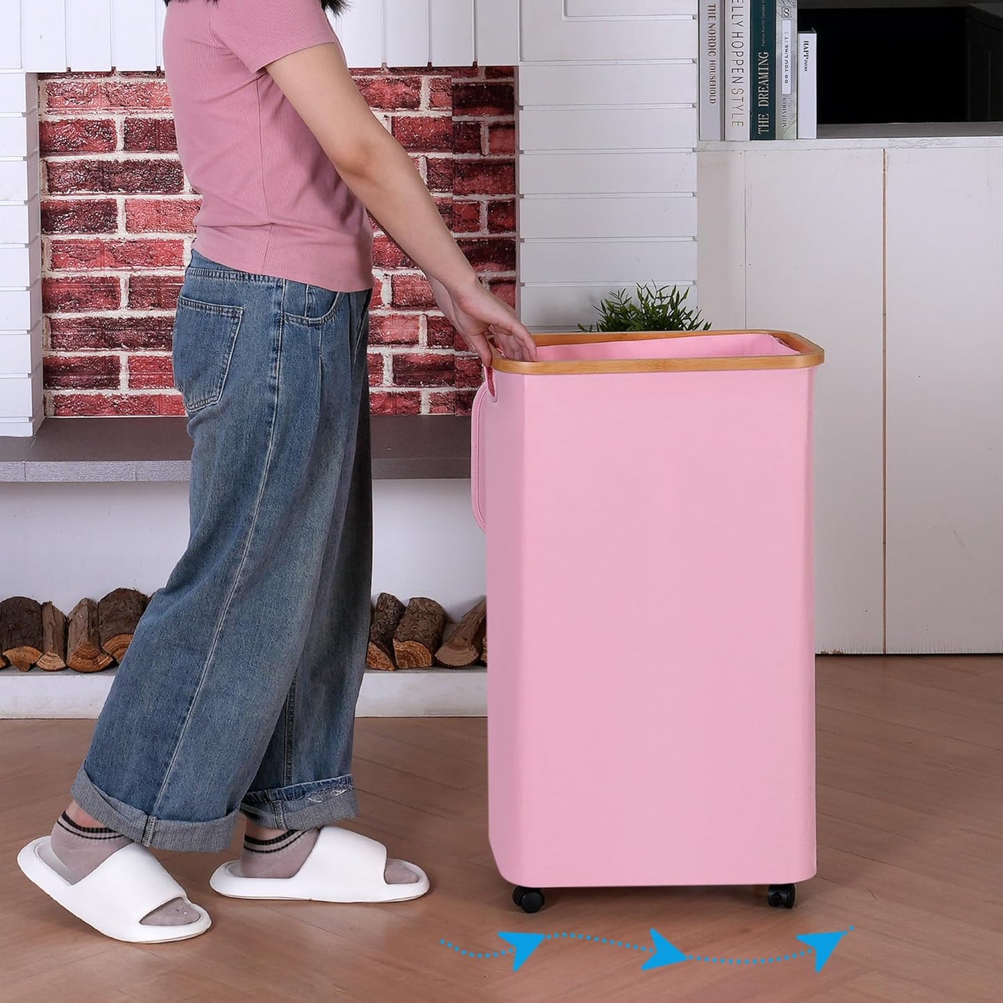 75L Laundry Basket with Wheels,Clothes Hamper for Laundry,Laundry Hamper with Lid and Inner Bag, for Laundry Room, Bedroom, Dormitory Storage,Pink