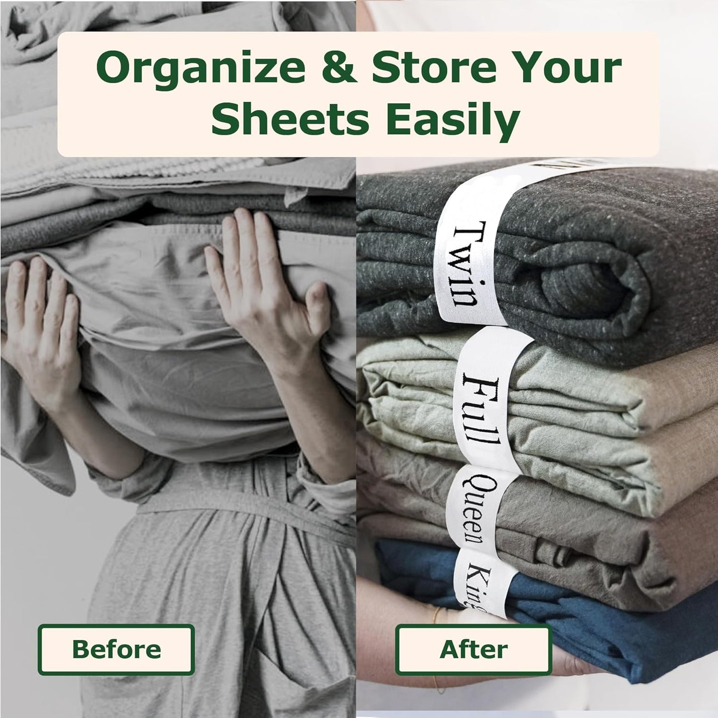 ECOHomes Bed Sheet Organizer and Storage Size Label Bands | Bed Sheets Set Organizers for Linen Closet Organization - Elastic Bedding Band Labels for Organizing Bedsheet (King 4PCs Pack | Simple)