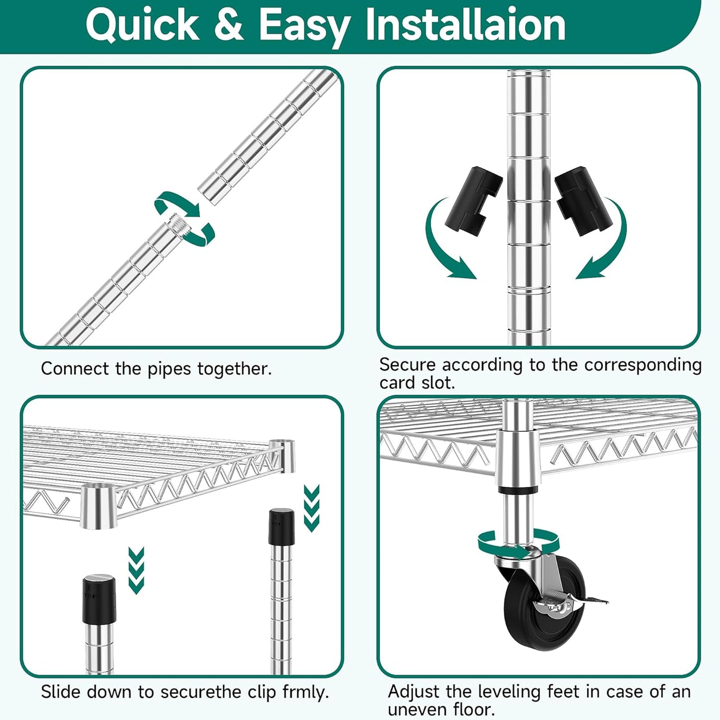 4 Tiers Shelf 1400 lbs Steel Storage Shelving Utility Shelving Unit Steel Organizer Wire Rack for Home,Kitchen,Office,Garage Chrome 17.7" D x 47.2" W x 62.6" H