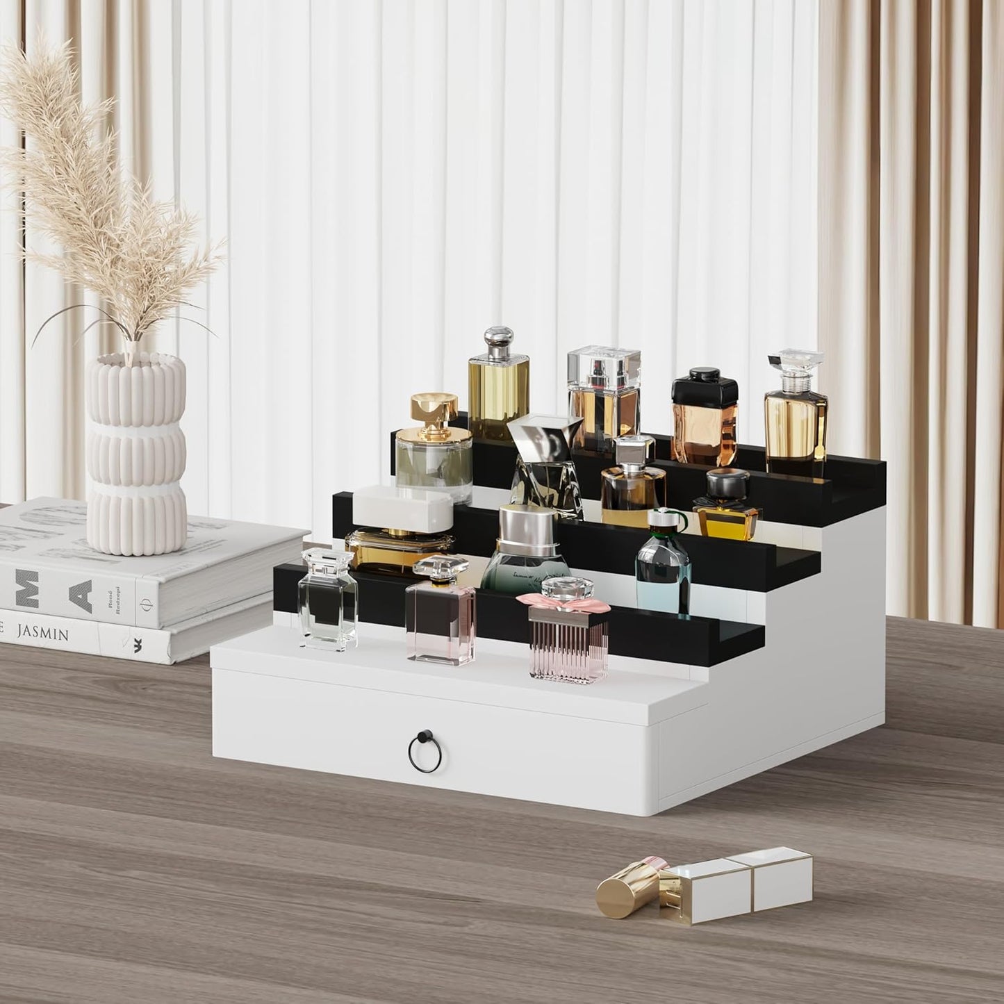 Blisse Cologne/Perfume Organizer, 4-Tier Storage Drawer with Hidden Compartments, Soft-Lined Display Case (White with Black)
