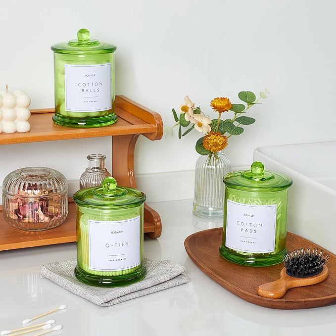3 Pack Qtip Holder Dispenser, 16oz Bathroom Organizer and Storage Canisters, Glass Apothecary Jars with Lid - Home Decor, Room Decor Aesthetic (Green)